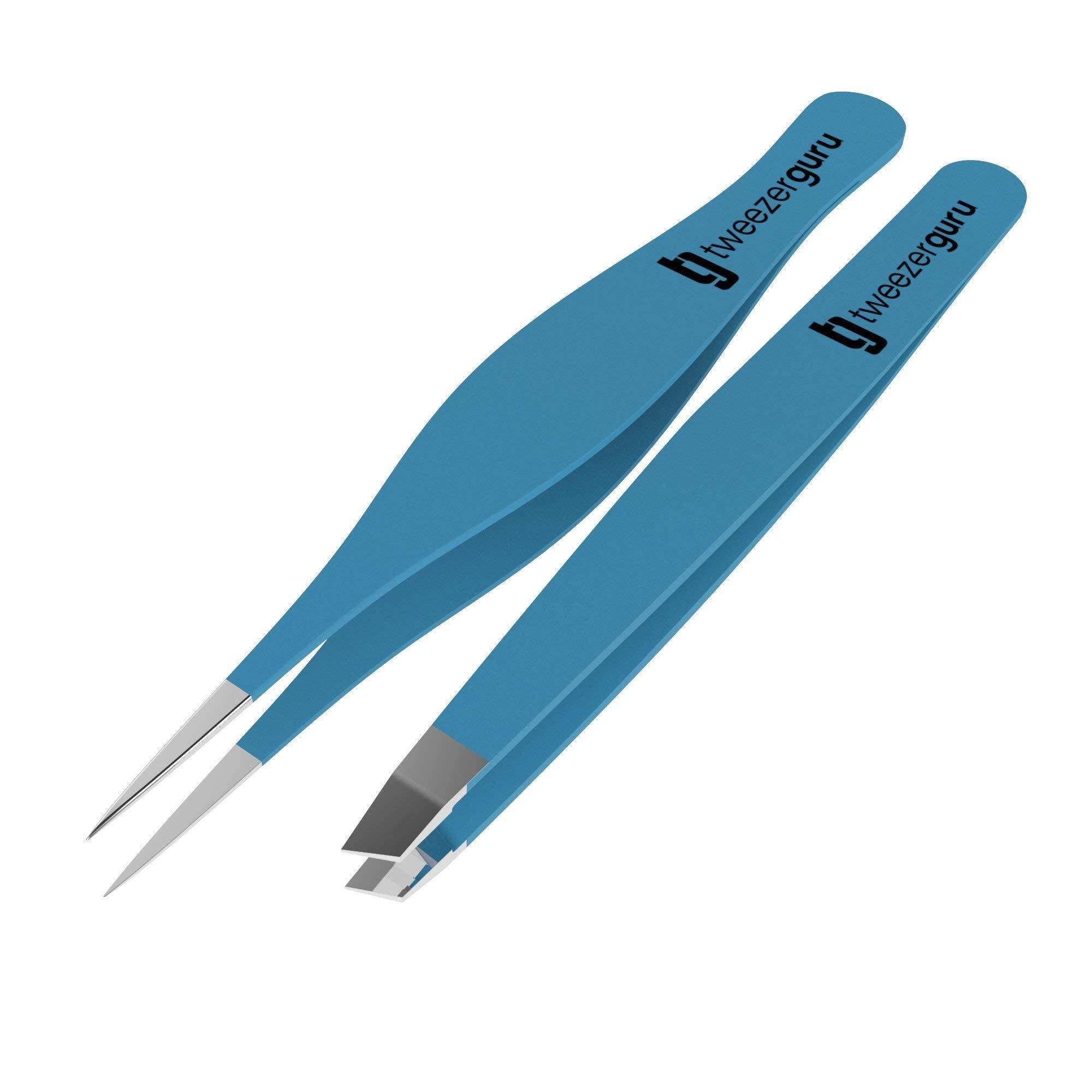 Tweezer Guru Tweezers Set - TweezerGuru Stainless Steel Slant Tip and Pointed Eyebrow Tweezer Set - Great Precision for Facial Hair, Ingrown Hair, Splinter, Blackhead and Tick Remover (Blue)