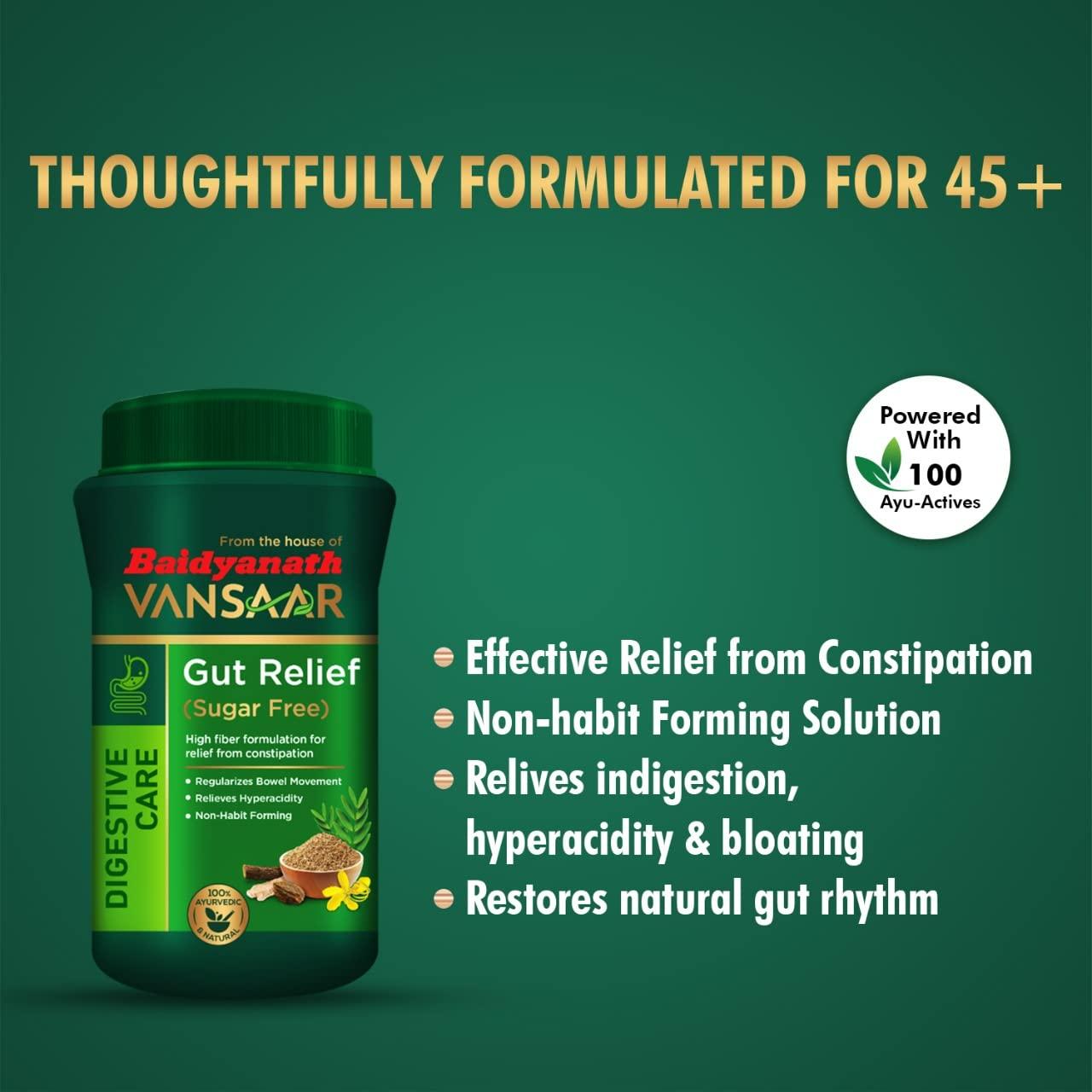 VANSAAR Vansaar Gut Relief (Sugar free) - 200g | Stomach cleanser for Constipation, Gas & Bloating| Enriched With Isabgol, Haritaki & 6 other ayurvedic herbs| Non-Habit forming, Overnight Relief (Pack of 2)