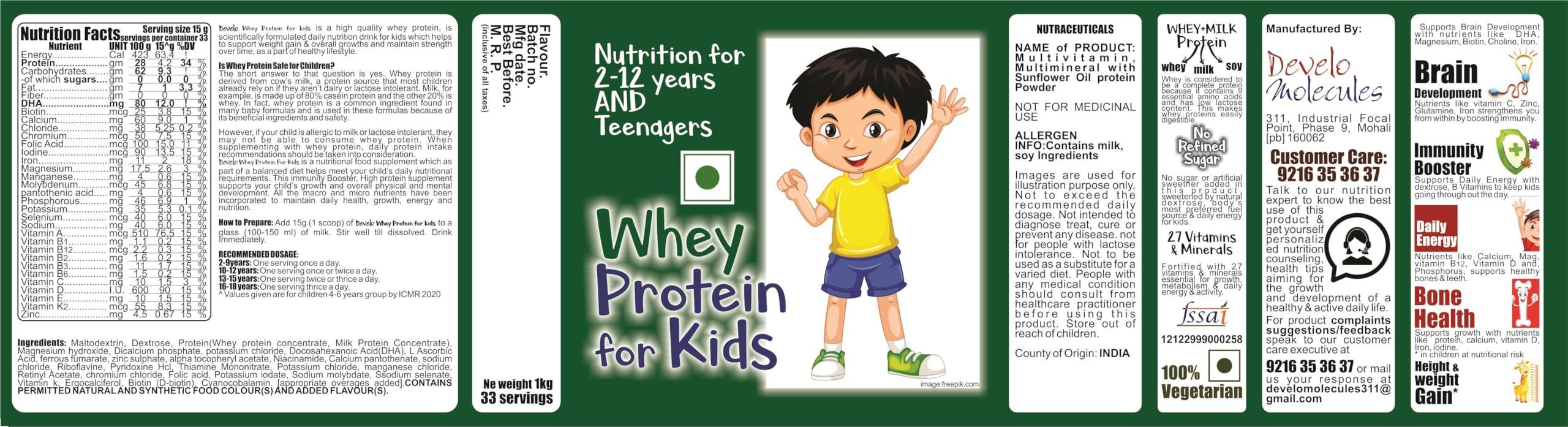 DEVELO Develo Whey Protein Powder for Little Kids (2-12 years) & Teenager Children, Boys & Girls - 1kg kesar Badam Flavour