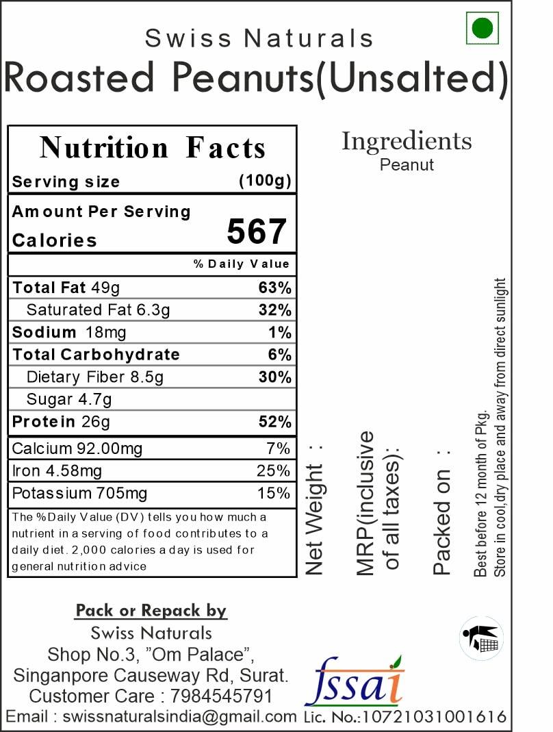 Swiss Naturals Swiss Naturals Roasted Unsalted Peanuts [Skin Removed] 900gm