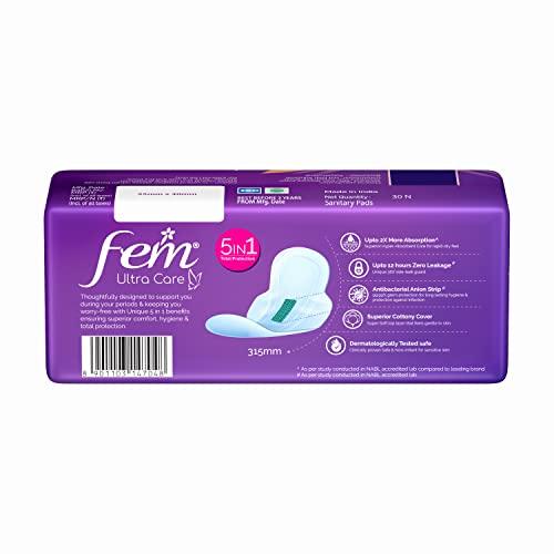 FEM Fem Ultra Care Sanitary Pads for Women - XL+(Pack of 30) with wings| 2X higher absorption technology | Zero leakage up to 12 hours | Dermatologically tested |99.99% germ protection