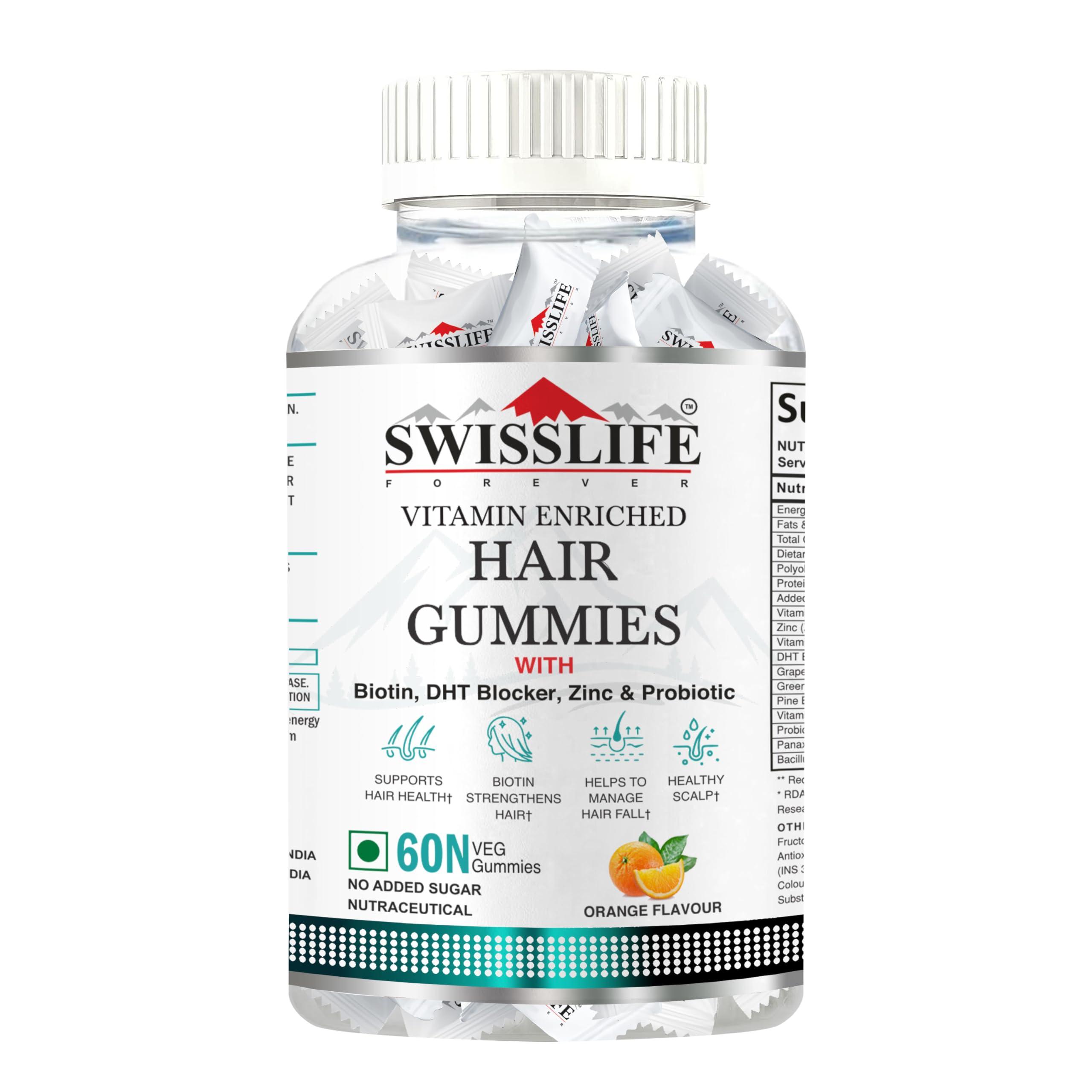 SWISSLIFE FOREVER SWISSLIFE FOREVER Hair Gummies (60 Gummies) | Vitamin enriched Hair Gummies | Biotin, DHT Blocker, Zinc & Probiotics Improves Hair Health Scalp Health | For Men & Women Orange Flavour
