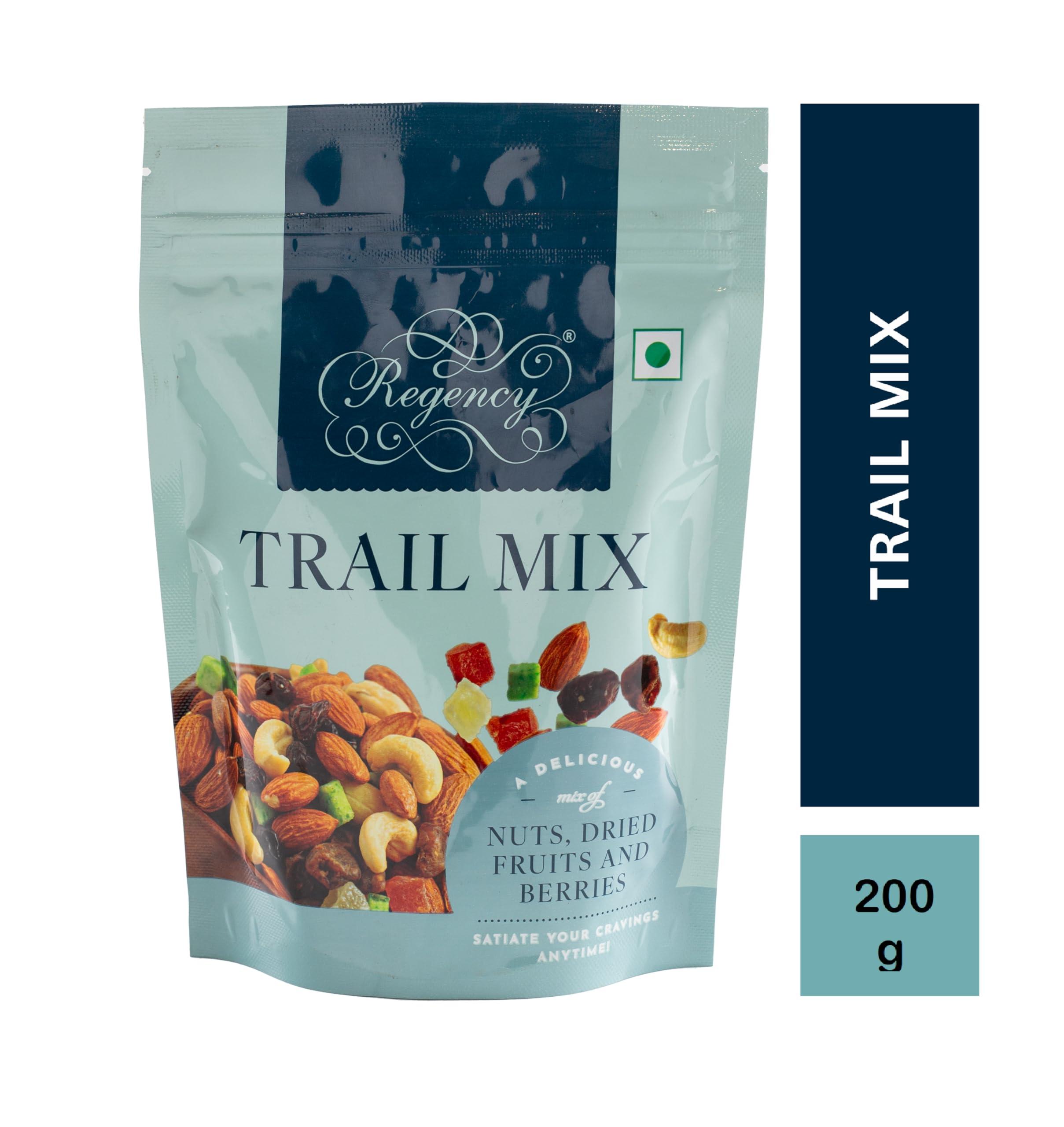 REGENCY REGENCY Trail Mix 200 gm Pouch Protein Crunch, Dry Fruit Mix (Pineapple, Papaya, Pomelo)| Almond & Cashews (Roasted Salted) | Dates, Dried Cranberries, Black Raisins (Seedless), Dried Blueberries. | Pack Of 2