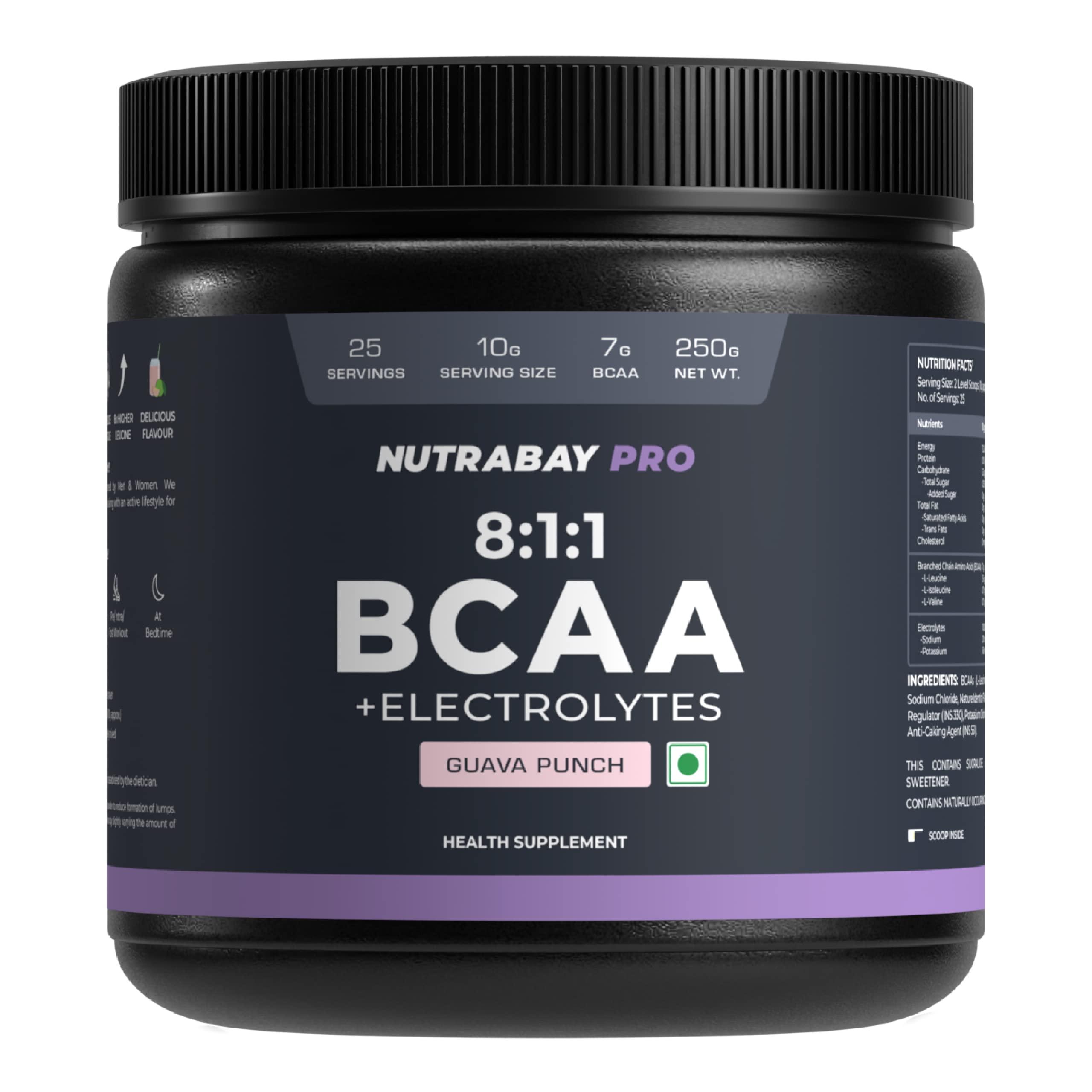Nutrabay Nutrabay PRO BCAA 8:1:1 with Electrolytes - 7g Vegan BCAAs, 1000 mg Electrolytes - Intra/Post Workout Energy Drink - 250g Guava Punch