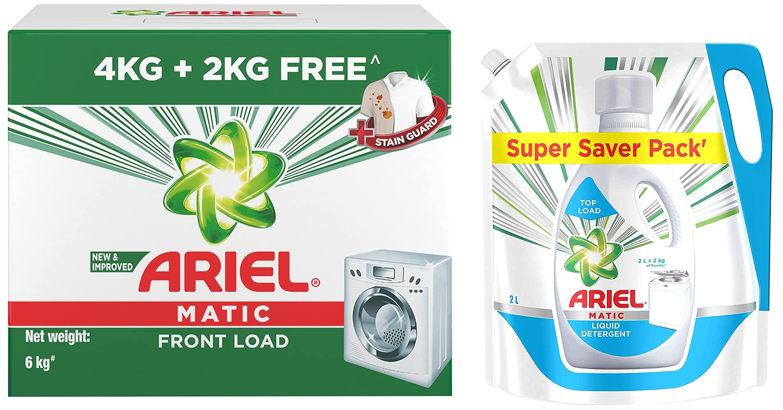 Ariel Ariel Matic Front Load Detergent Washing Powder - 4 kg with Free Detergent Powder - 2 kg - Pantry & Matic Liquid Detergent Top Load Refill Pouch, 2 Litre