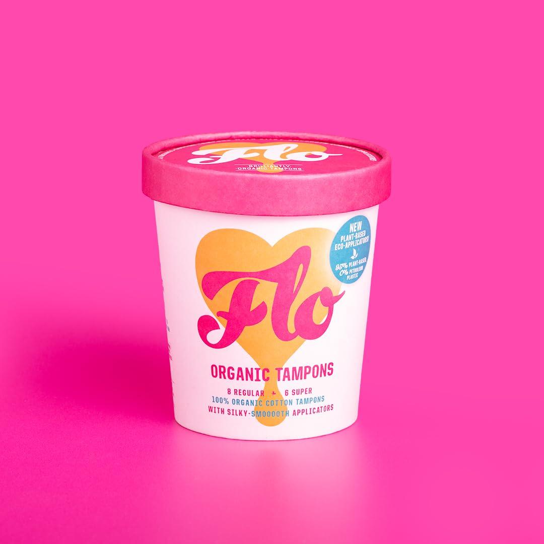 FLO FLO - Organic Applicator Tampons with Width-Wise Expansion, Natural Comfort Cotton, Plant-Based, Biodegradable & Plastic Free, Superior Leak-Busting Protection, Regular & Super Combo Pack, 14 Count