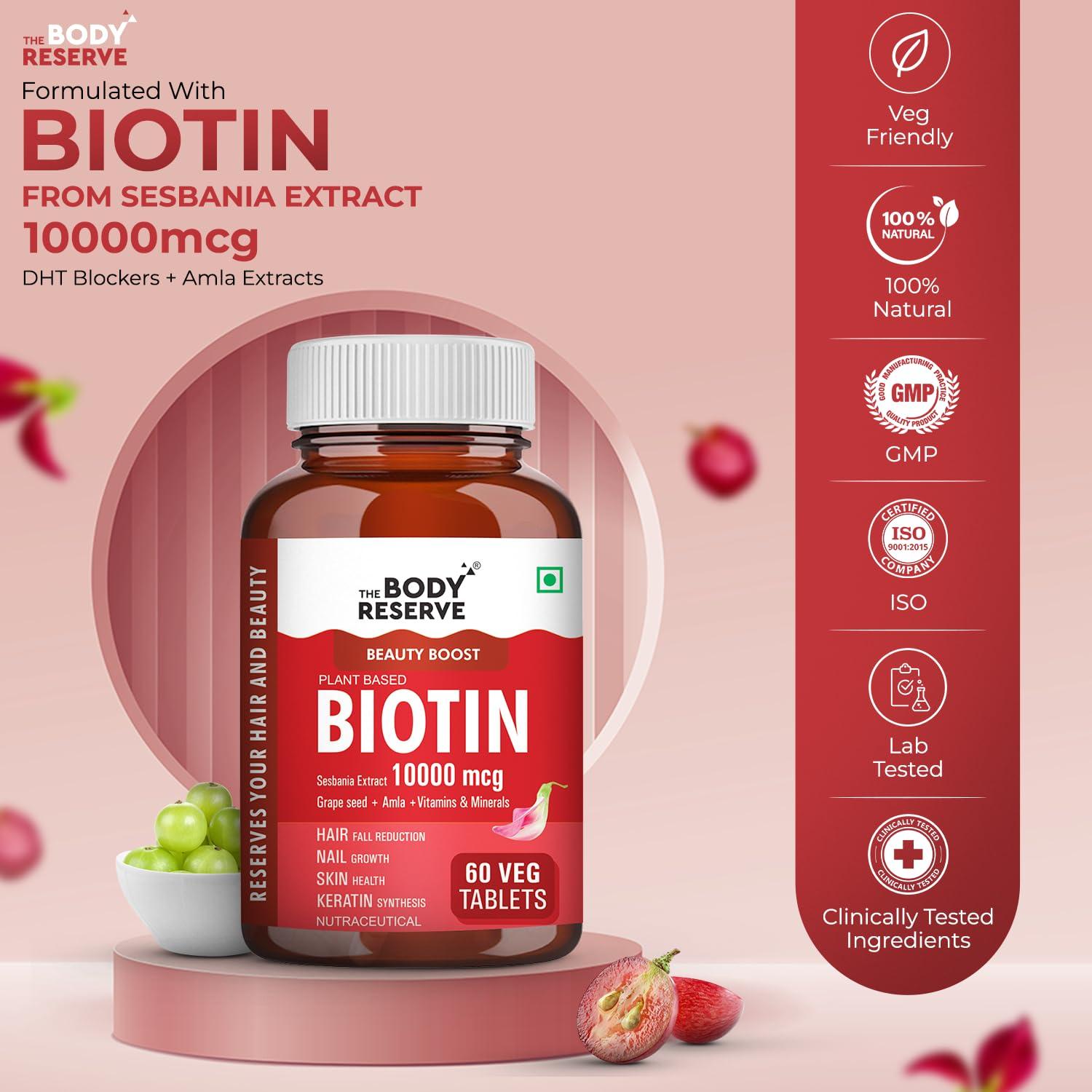 The Body Reserve The Body Reserve Plant-Based Biotin Tablets - 60 Veg Tablets, Biotin from Sesbania Extract with Amla & Grapeseed - Supports Hair, Skin, and Nails - For Men & Women