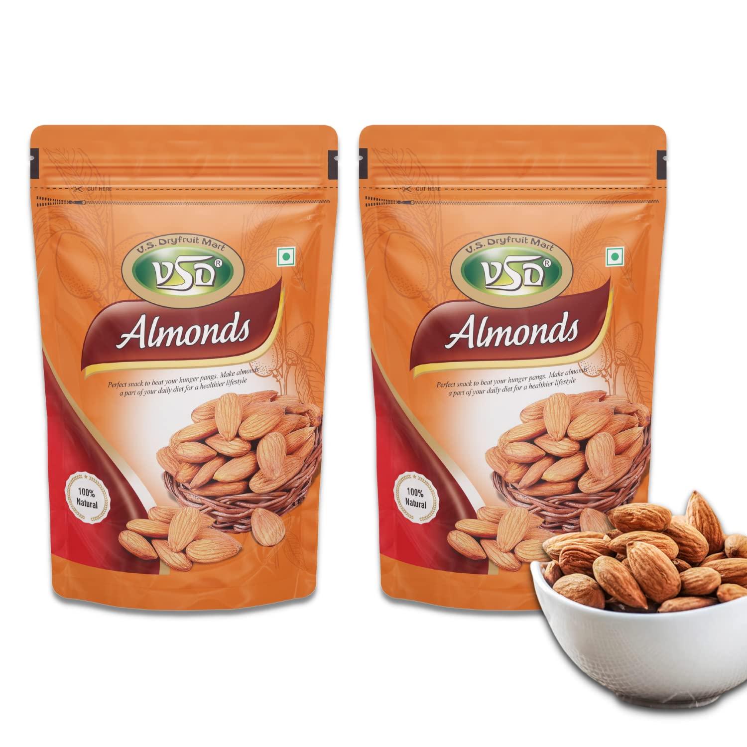 VSD VSD Premium 100% Natural Jumbo Almond (Badam) California Selected | Badam Dry Fruits/Badam Giri/High in Fiber & Boost Immunity/Raw Whole Natural Badam | Pack of 2 (250Gm Each), 500Gm