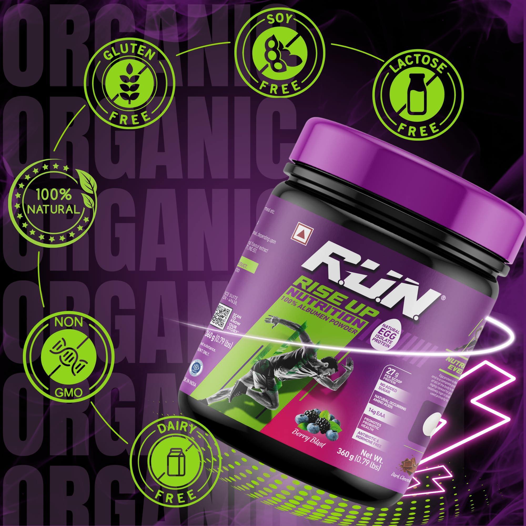 RUN RISE UP NUTRITION R.U.N-RISE UP NUTRITION Egg White Protein Powder for Athletes,Gym & Fitness Enthusiasts |27g Protein & 14g EAA|Lactose, Soy & Gluten Free Egg Albumen Protein Powder for Immunity, Berry Blast- 360gms