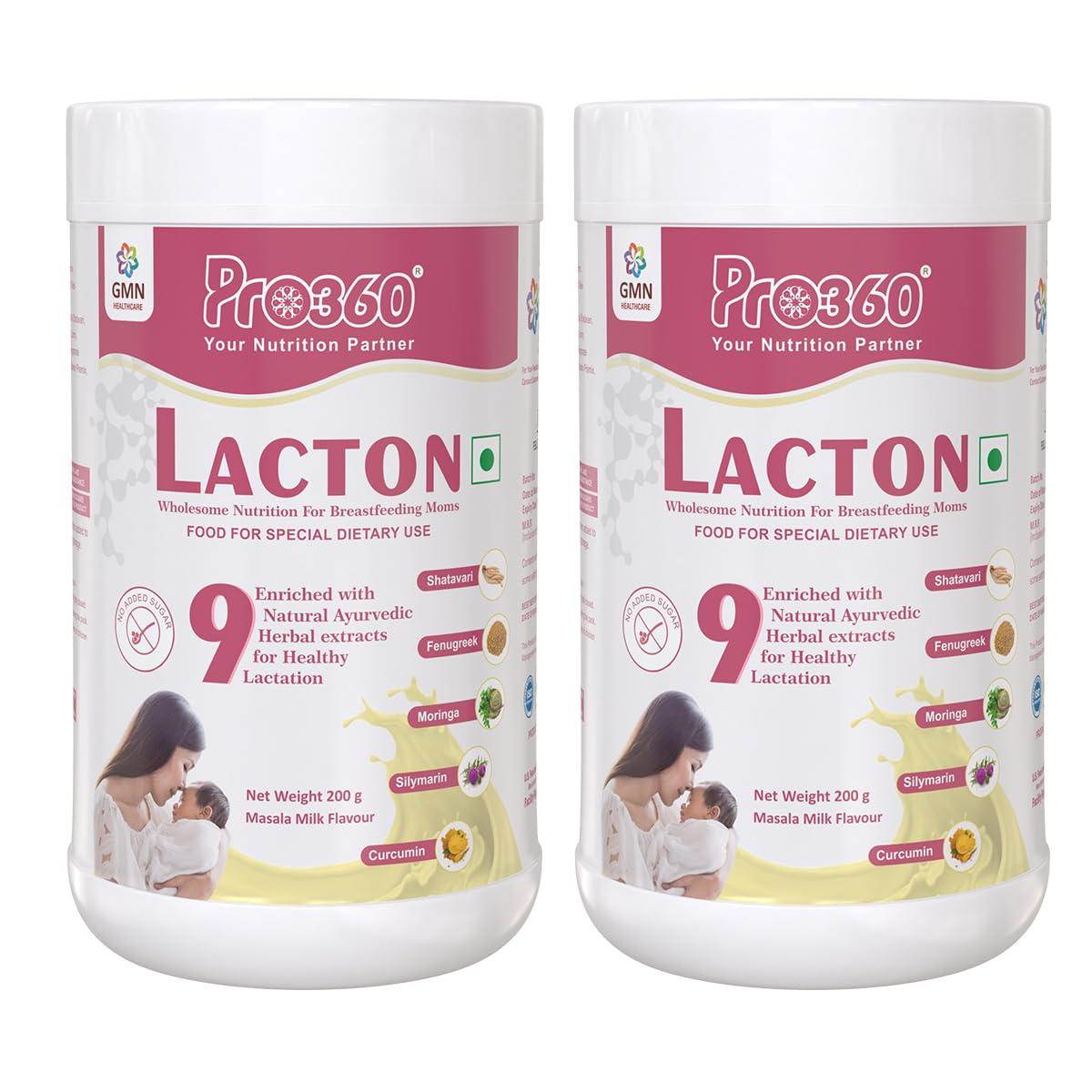 PRO360 Pro360 Lacton Protein Powder for Breastfeeding, Lactating Women - Lactation Supplement for Mother with Herbal Extracts - Helps to Increase Breast Milk - Masala Milk Flavor (Pack of 2) 200g x 2-400g