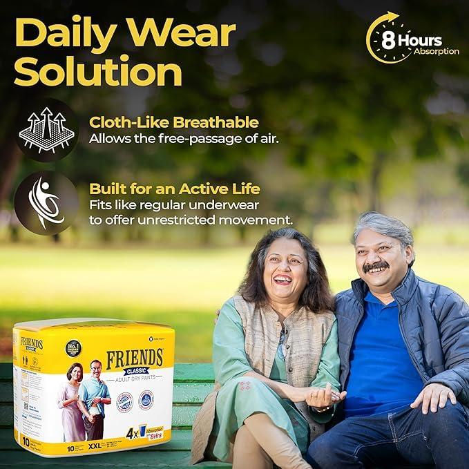 Generic Friends Classic Adult Diapers Pants Style -10 Count/Pack with odour lock and Anti-Bacterial Absorbent Core (Double Extra Large, 50 Count)