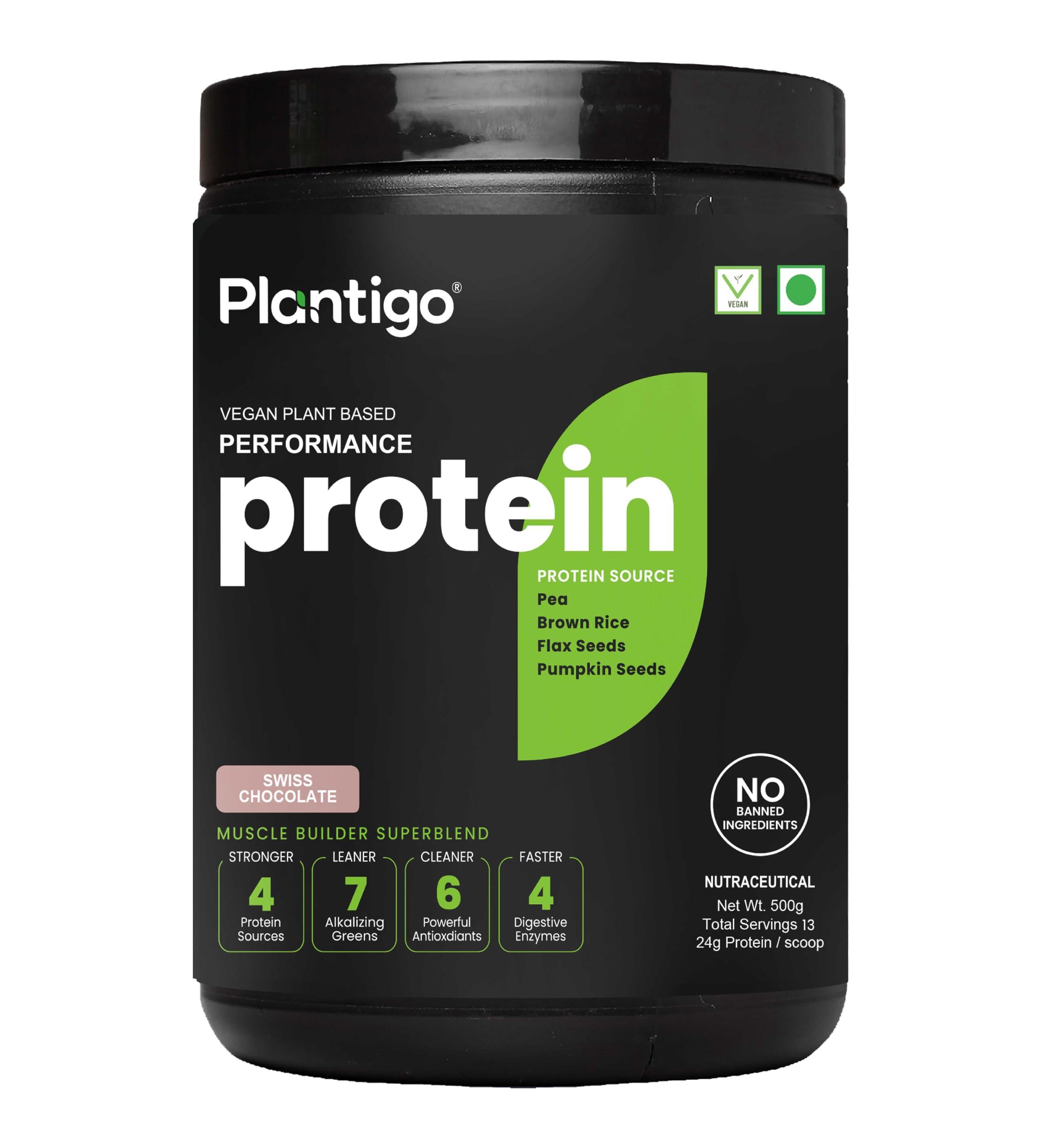PLANTIGO Plantigo Clean Protein Powder Men & Women | 24g Plant Protein, 4.4g BCAA, 2g Leucine, 4g Fiber | No Sugar, No Dairy, No Preservatives | 4x Fast Digest, Stress & Muscle Recovery | Swiss Chocolate 500g