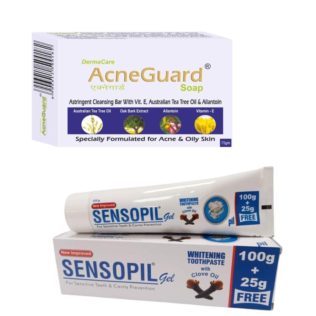 pil Pil Combo of Acneguard Soap (75g) With Sensopil Gel Whitening Toothpaste (100g) | With Natural Ingredients | For Sensitive Teeth, Cavity Prevention and Clears Pores | Trusted By Dermatologists