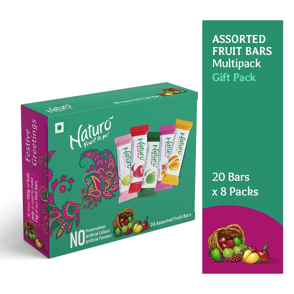 Naturo Naturo Assorted Jumbo Gift Box (Green) | Pack of 8 Gift Boxes (40 Fruit Bars per box) | Mango + Apple + Guava + Raw Mango + Mixed Fruit | No Preservatives, Artificial Colour or Flavours
