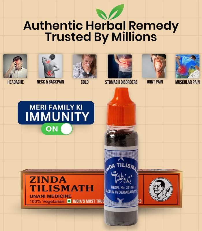 Zinda Tilismath Zinda Tilismath 15ml (Pack Of 1) Ayurvedic Herbal Remedy For Common Ailments & Immunity Booster, Cough Relief Pain Relief Oil- Trusted Home Remedy for Internal & External Use