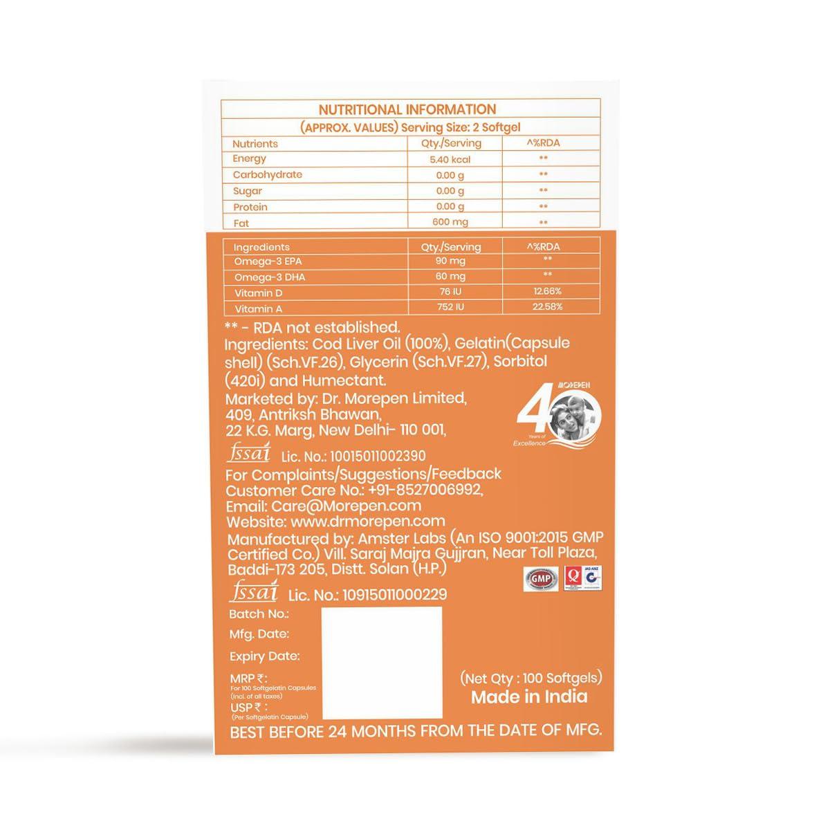 Dr. Morepen Dr. Morepen COD Liver Oil Capsules Omega 3, Natural EPA & DHA | UltraPure & Finest COD Fish 200 Softgels (Pack of 2)
