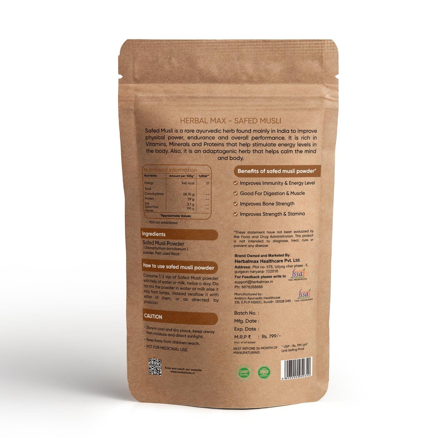 Herbal max Herbal max Organic Safed Musli Root Powder - 100 gm | Ayurvedic Support for Vitality & Performance | Herbal Supplement | Strength & Stamina