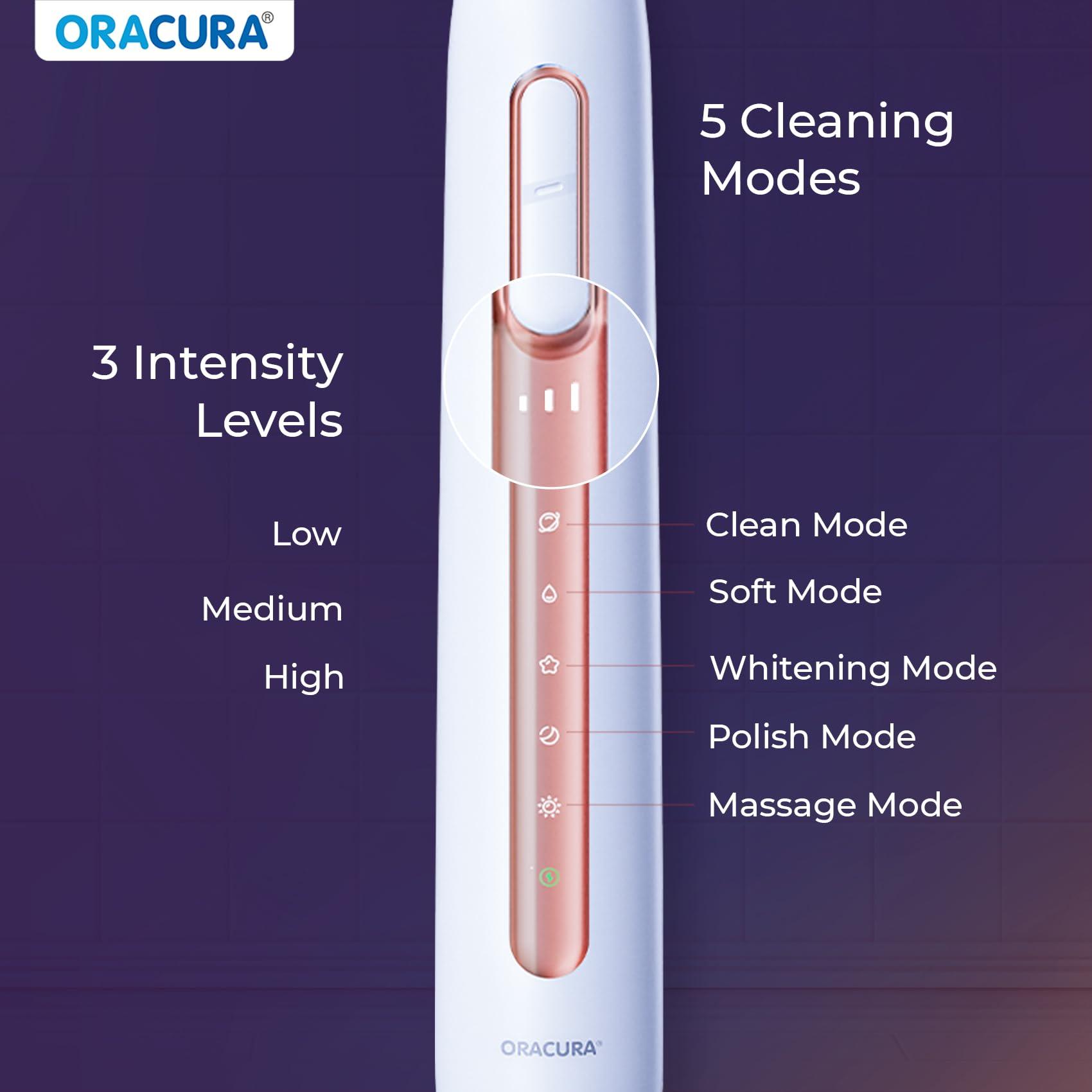 ORACURA ORACURA Sonic Smart Electric Rechargeable Toothbrush SB300| Peach |4 Vibrant Colors| 36,000 strokes/min| With 5 Modes & 3 Intensity Levels| IPX7 Waterproof| 2 Minutes Auto-Timer| 90 Days Battery Life
