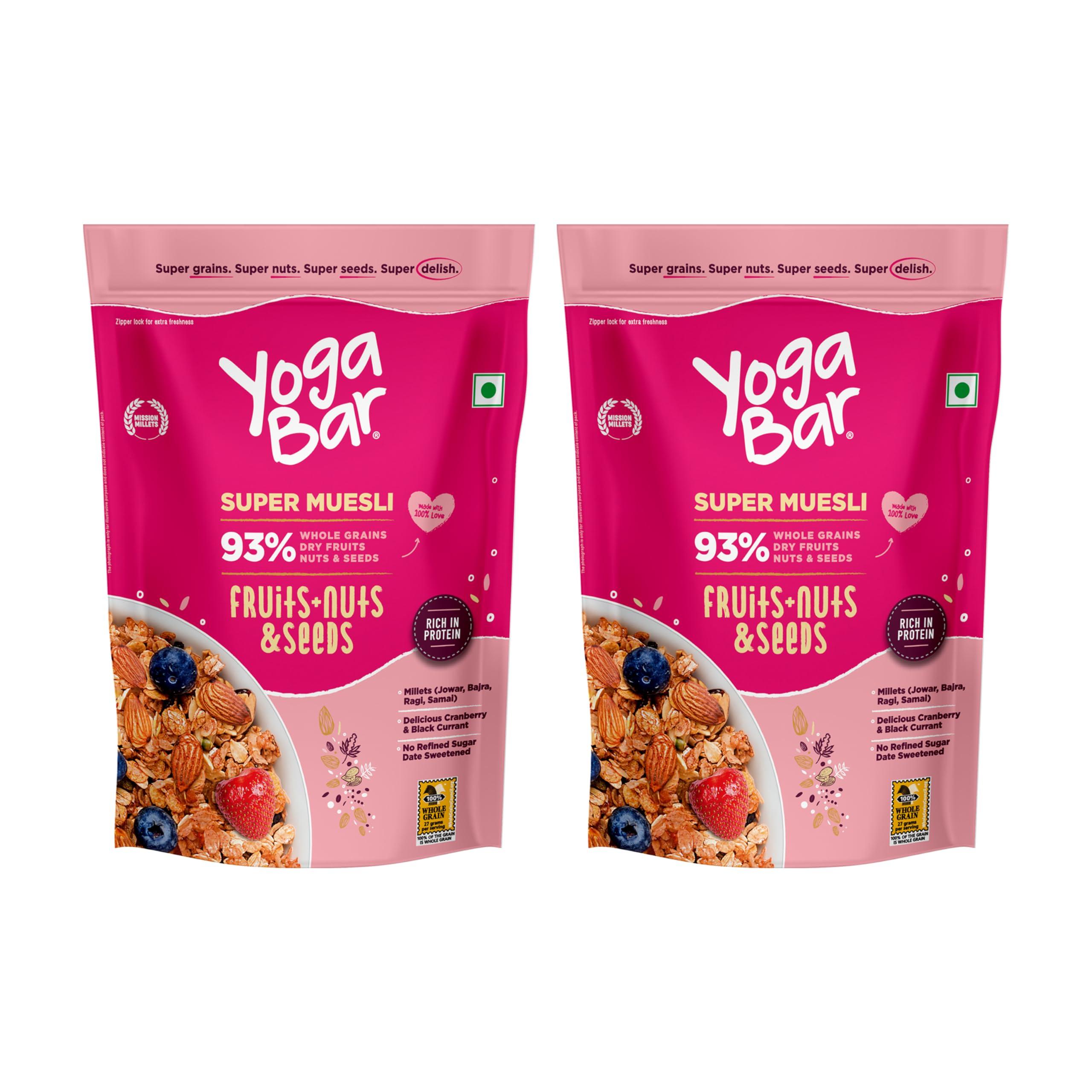 Yogabar Yogabar Muesli Fruit And Nuts - 93% Wholegrain Breakfast Cereals With Oats, Dry Fruits, And Nuts & Seeds, High In Omega 3, Gluten Free Granola With Chia And Flax Seeds (700G - Pack Of 2)