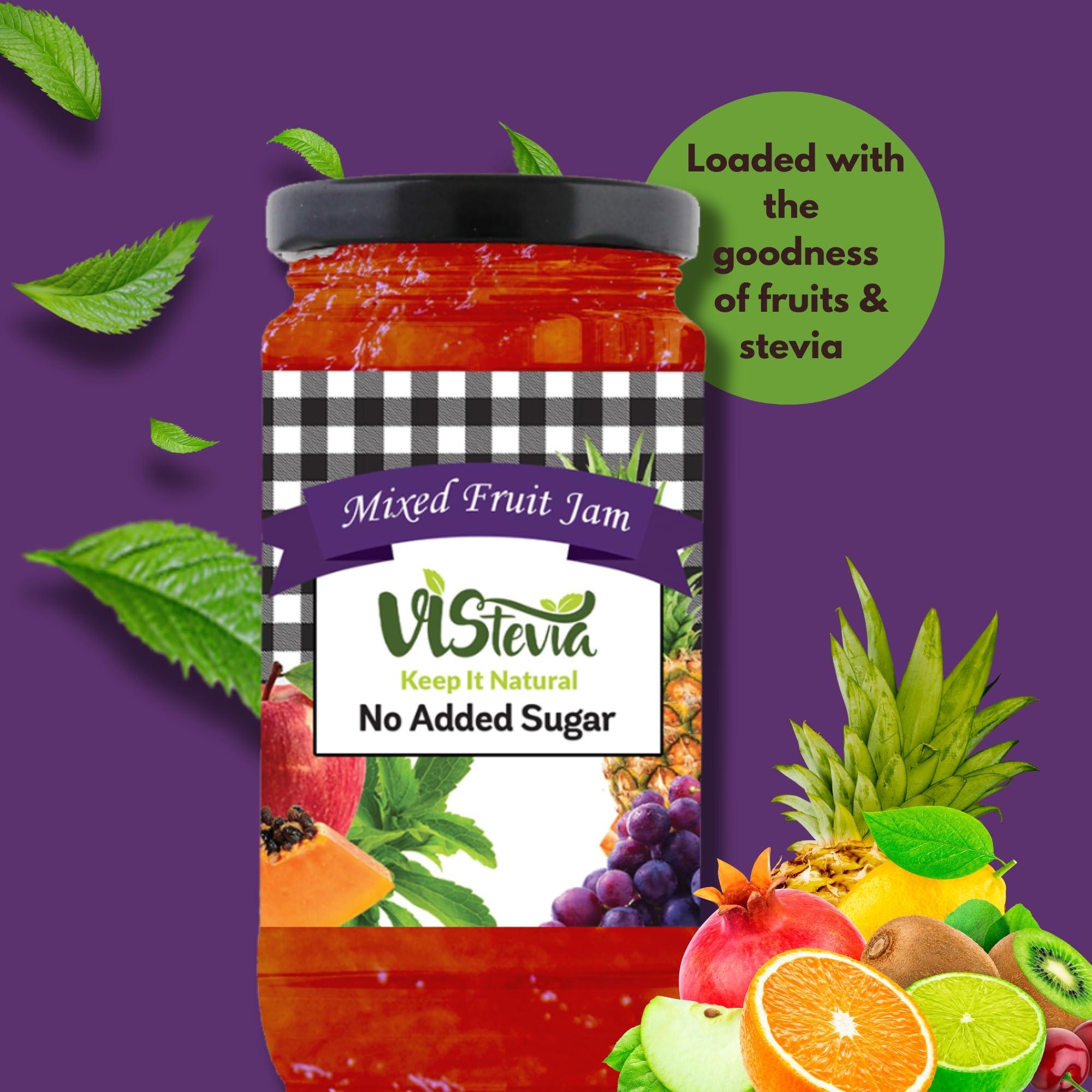 VISTEVIA Vistevia Sugar Free Mixed Fruit Jam, Diabetic and Keto Friendly - Sweetened Naturally with Stevia, More Than 60% Fruit Content - Tastes Delicious - Pack of 1 (400G)