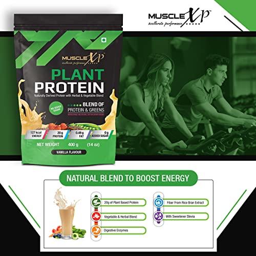 MuscleXP MuscleXP Plant Protein - Natural Protein Powder with Pea Protein, Herbal and Vegetable Blend, Vanilla Flavour, 400gm Pouch x Pack Of 2
