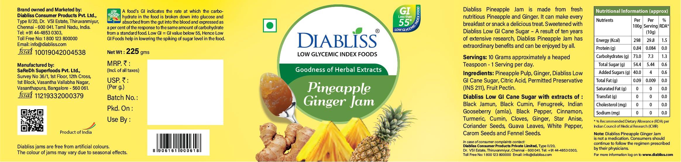 Diabliss DiaBliss Diabetic Friendly Mixed Fruit Jam 225g Low Glycemic Index(GI) Sugar Free Alternative (Pineapple Ginger Jam)