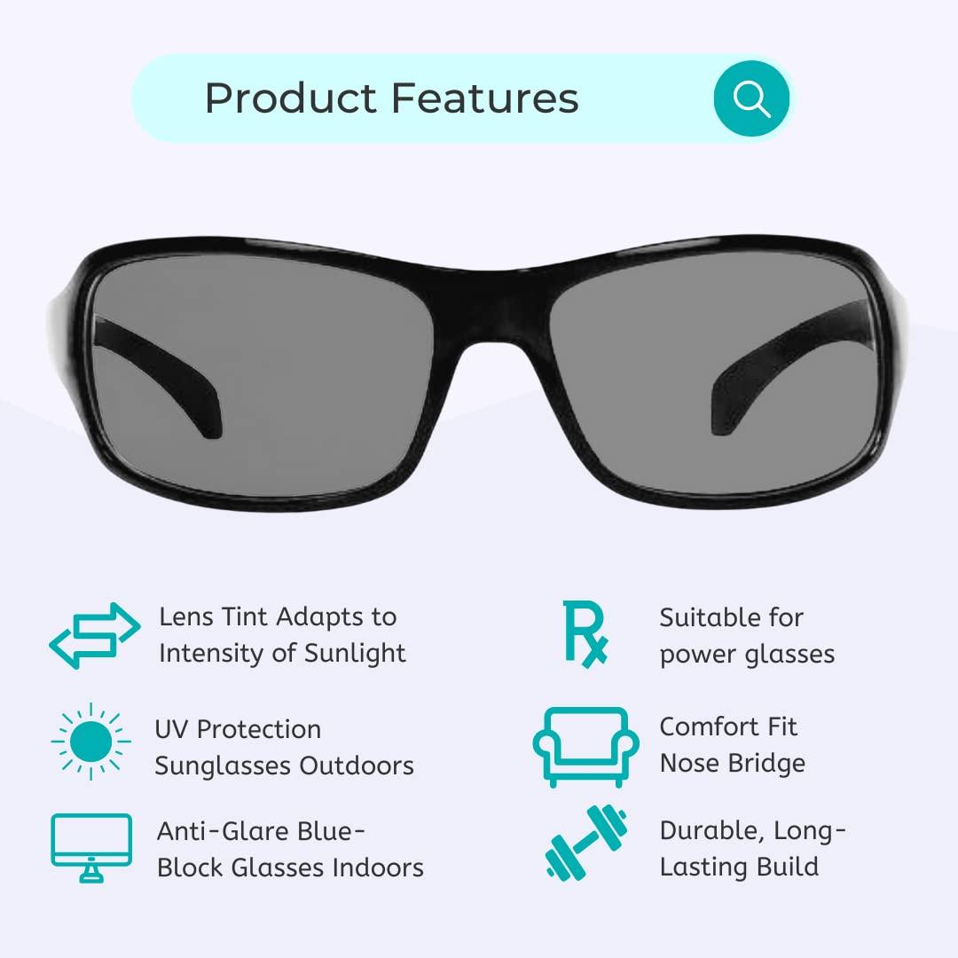 Vast Vast Photochromic Blue Cut Computer Glasses for Eye Protection | Zero Power Anti Glare & Blue Light Filter Glasses | UV Protect Specs for Men & Women| Frames| Blue Cut Lens (WRAP AROUND STYLE)