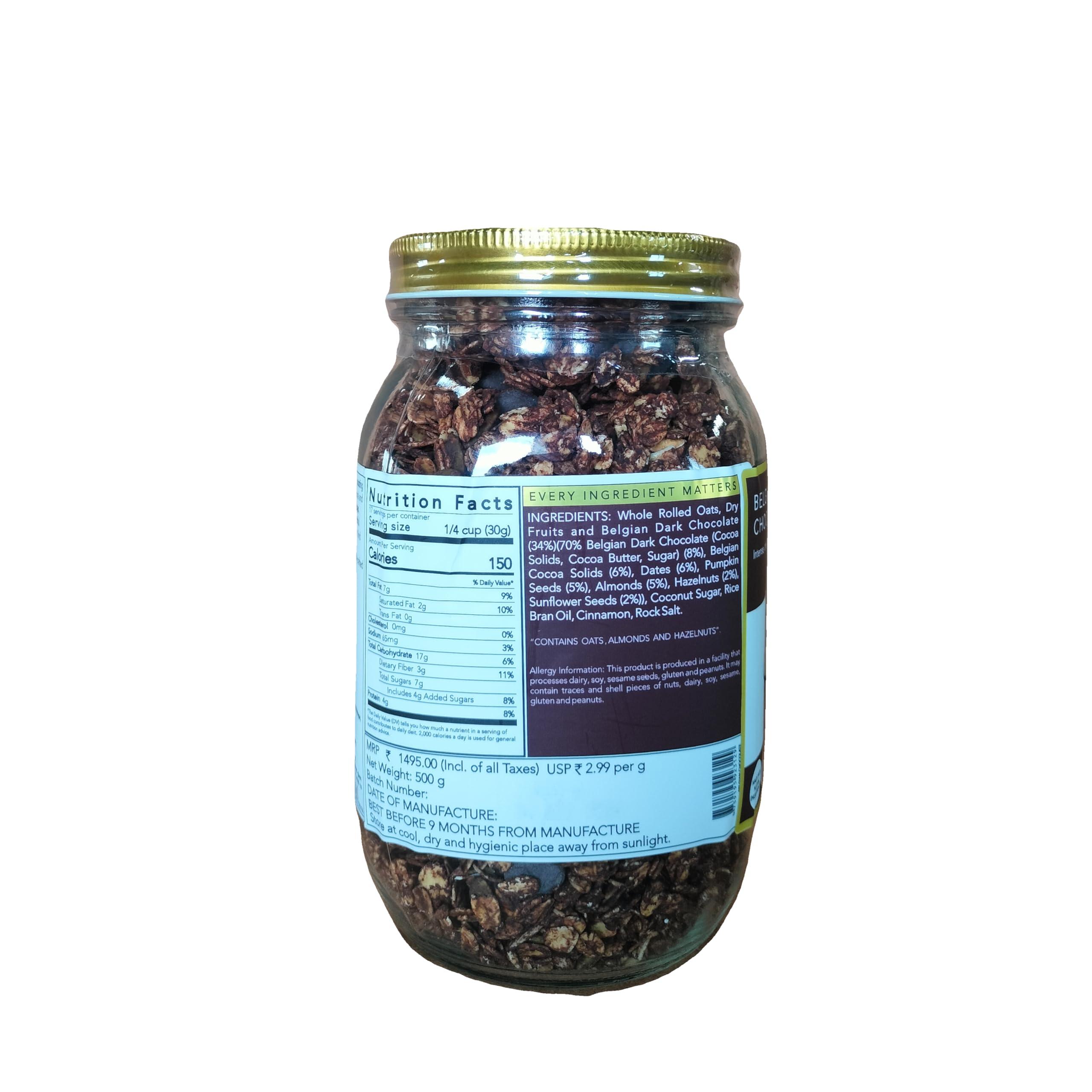 thenibblebox thenibblebox Belgian Dark Chocolate Granola 500g, Jar [34% dry fruits, Gluten free, Plant based/Vegan friendly, No preservatives/additives]
