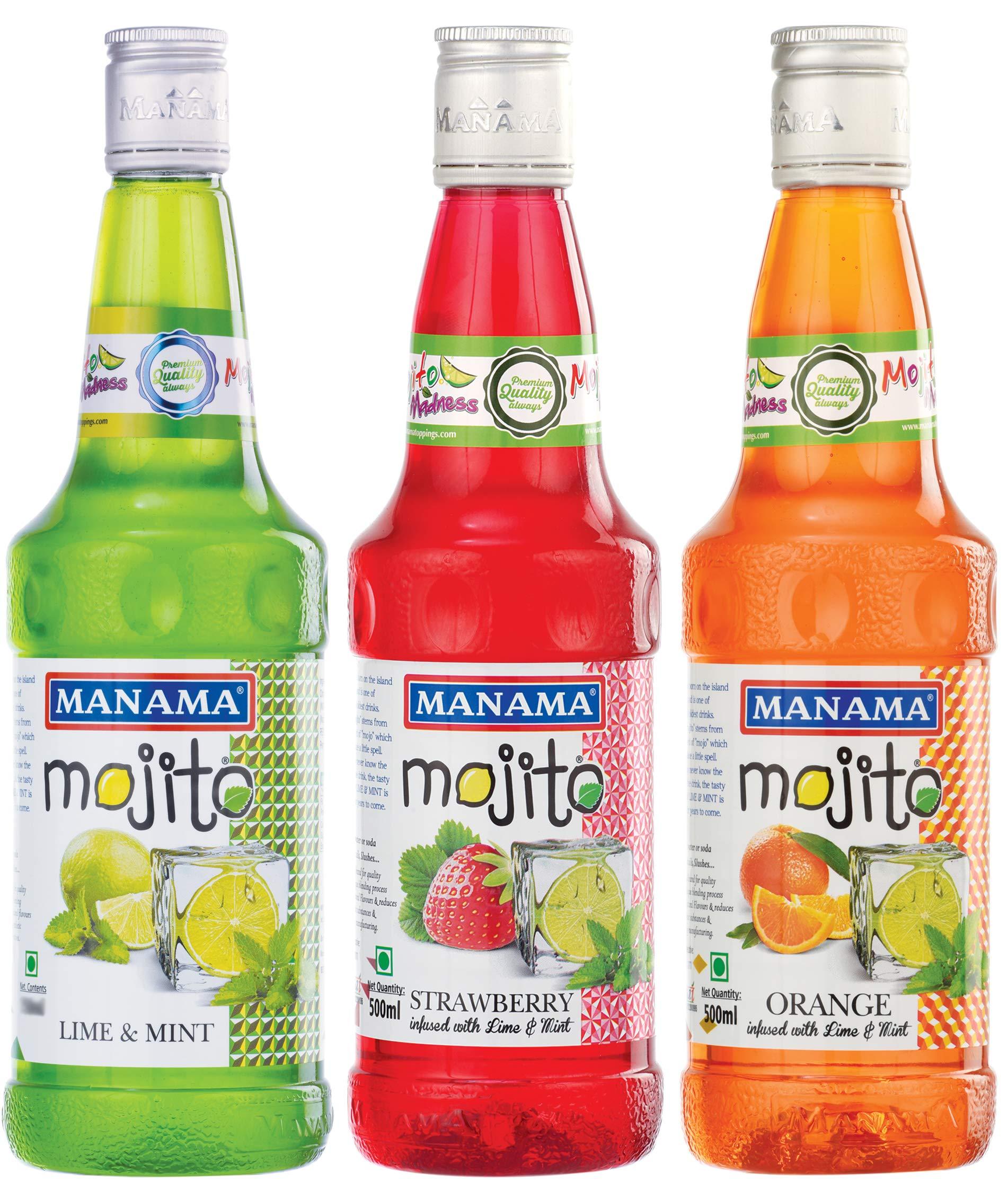 Manama Manama Lime and Mint Mojito, Strawberry Mojito and Orange Mojito, 500ML Each, Pack of 3
