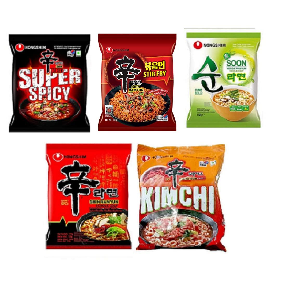 NOTTACIA NOTTACIA Nongshim Shin Ramyun, Red Super Spicy,Stir Fry, Kimchi & Veggie Instant Noodles 120Gm*5Pack (Pack Of 5) (Imported), 120 Grams
