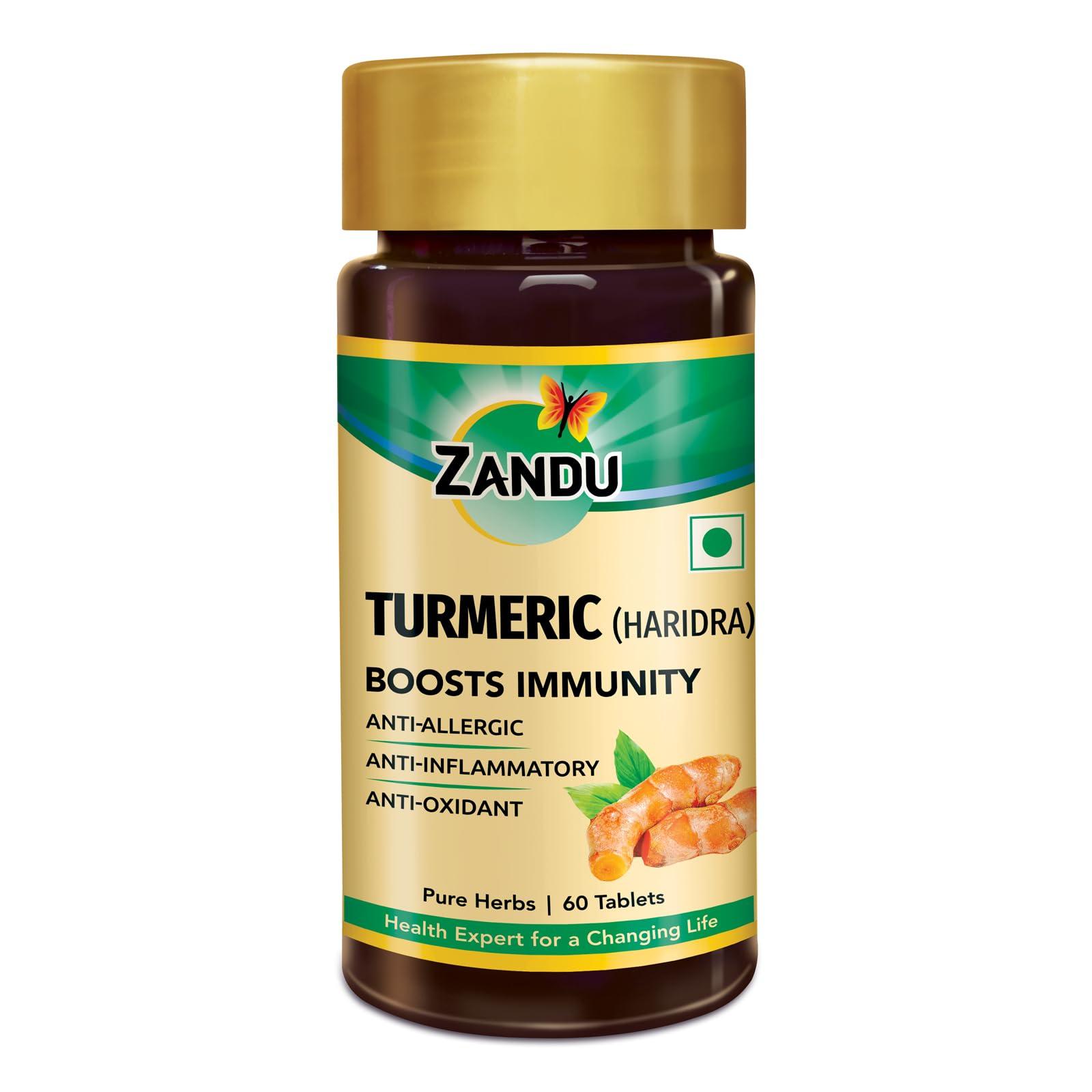 Zandu Zandu Turmeric Tablets with 100% Pure Turmeric Extract for Enhanced Immunity | Anti-allergic, Anti Inflammatory & Anti-Oxidant | Natural Cough & Cold Relief Formula (60 Tabs)