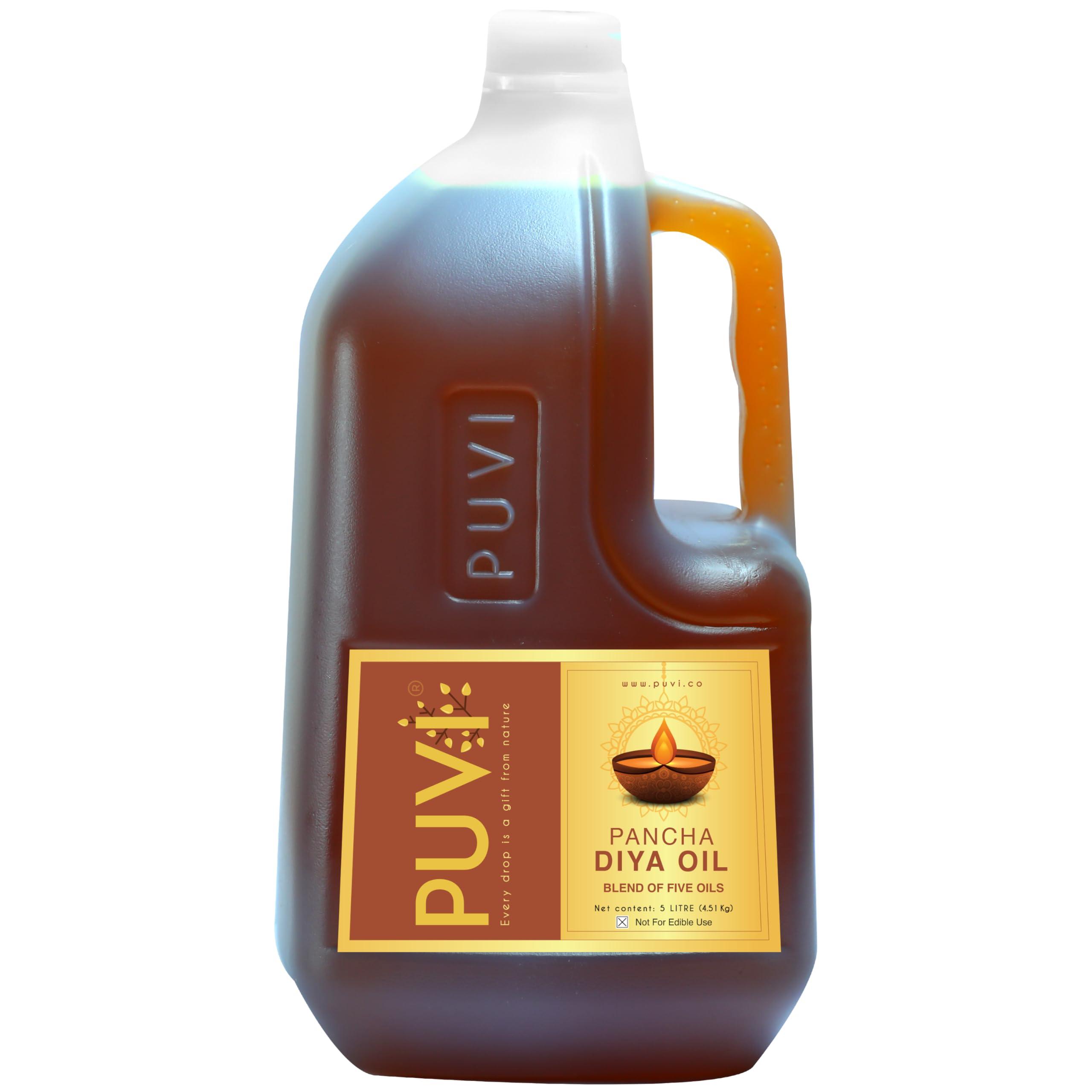 PUVI PUVI 5L Pancha Diya Oil/Lamp/Pooja/Deepam Oil | Chemical free | Unscented | Low soot | Blend of Sesame, Coconut, Castor, Mahua and Ghee (5 Ltr)