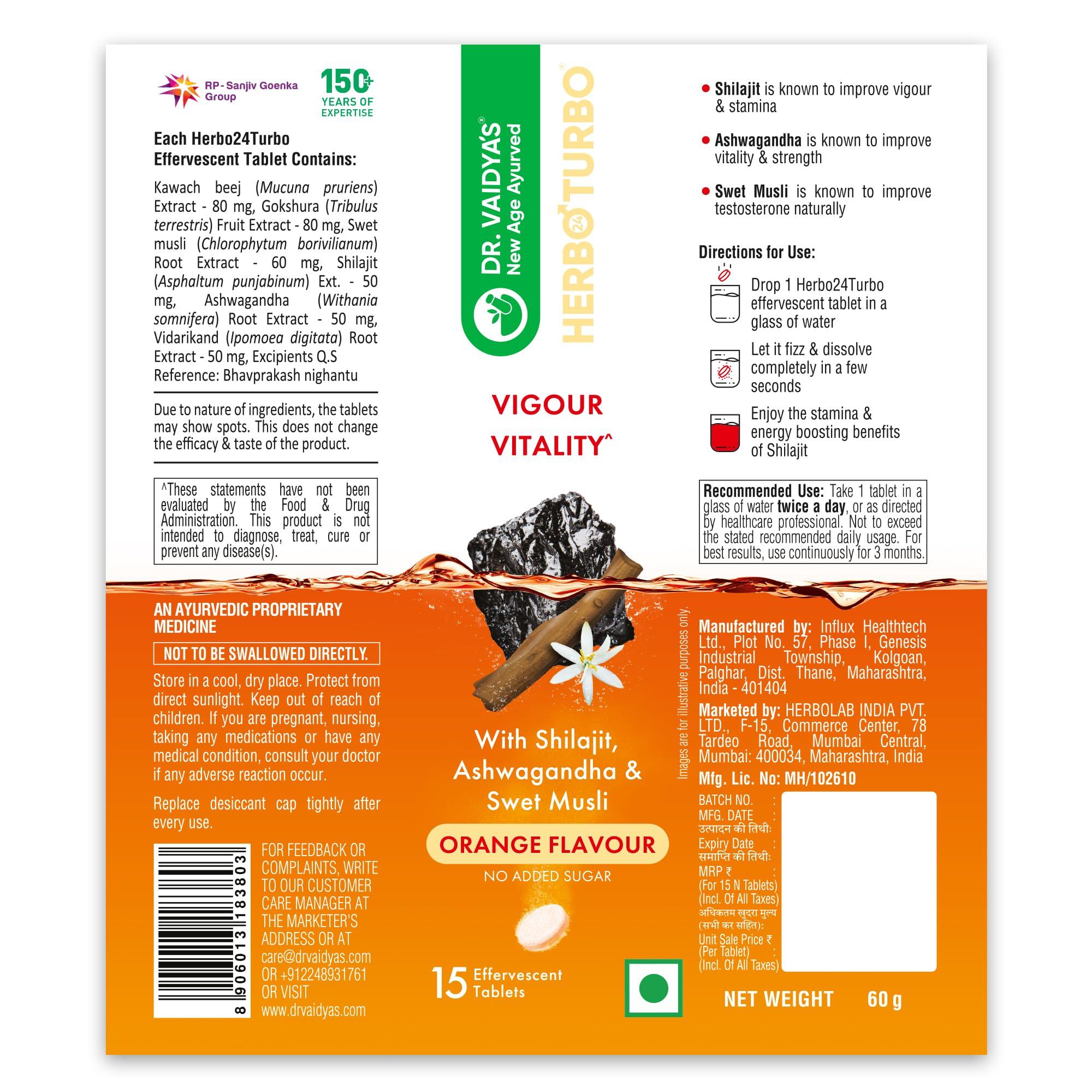 Dr. Vaidya\'s Dr. Vaidya\'s Herbo24Turbo Effervescent: Unlock Super Vigour and Vitality with Shilajit and Ashwagandha(Orange Flavor)(Pack of 4)