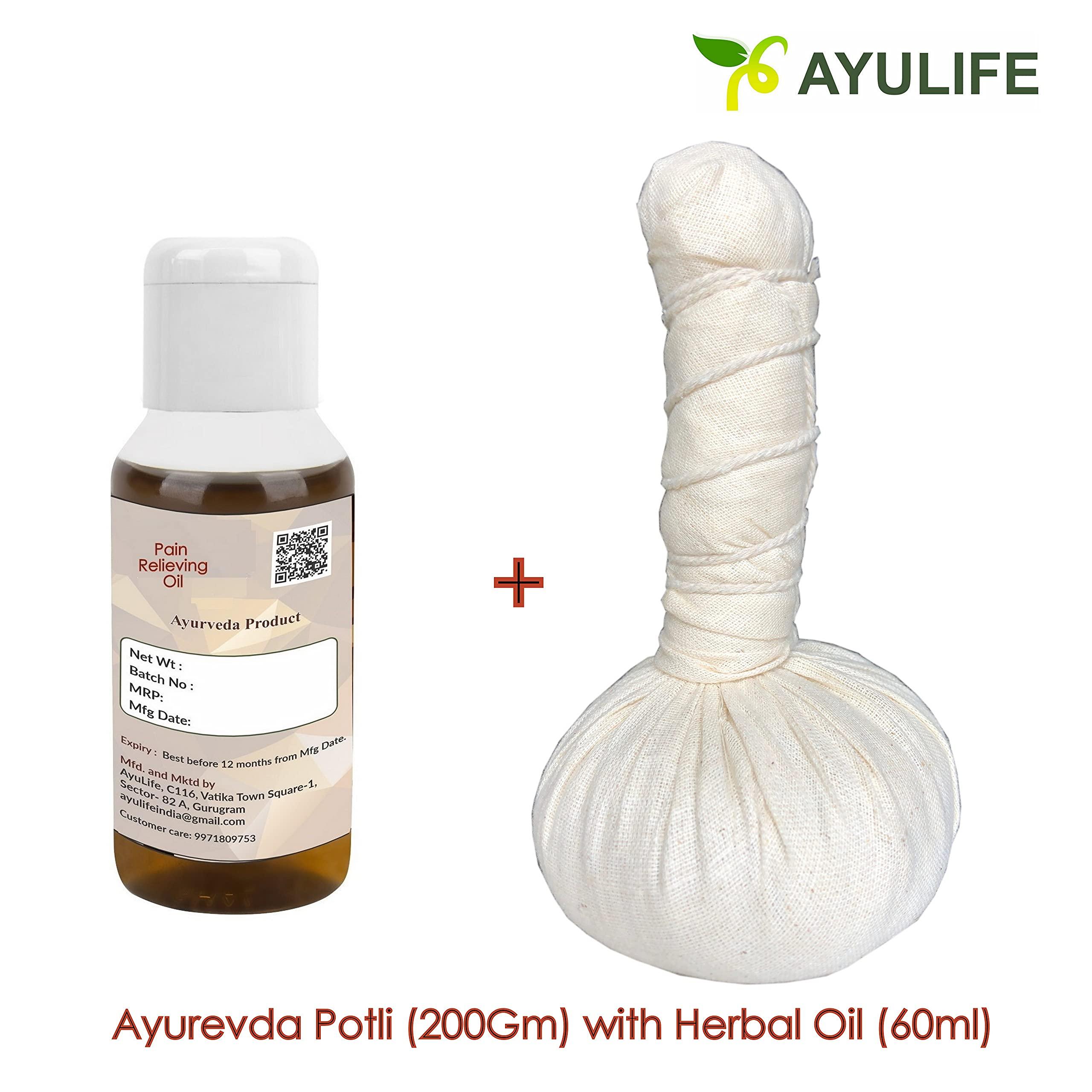 Ayulife Ayulife Ayurveda Potli Massage and Ayurveda Pain Relief Oil Combo Pack, Easy to use, Kit usable for 20 massages Suited for Pain in Lower Back, Neck, Cervical, Sciatica, Lumber (Weight 265 gram)