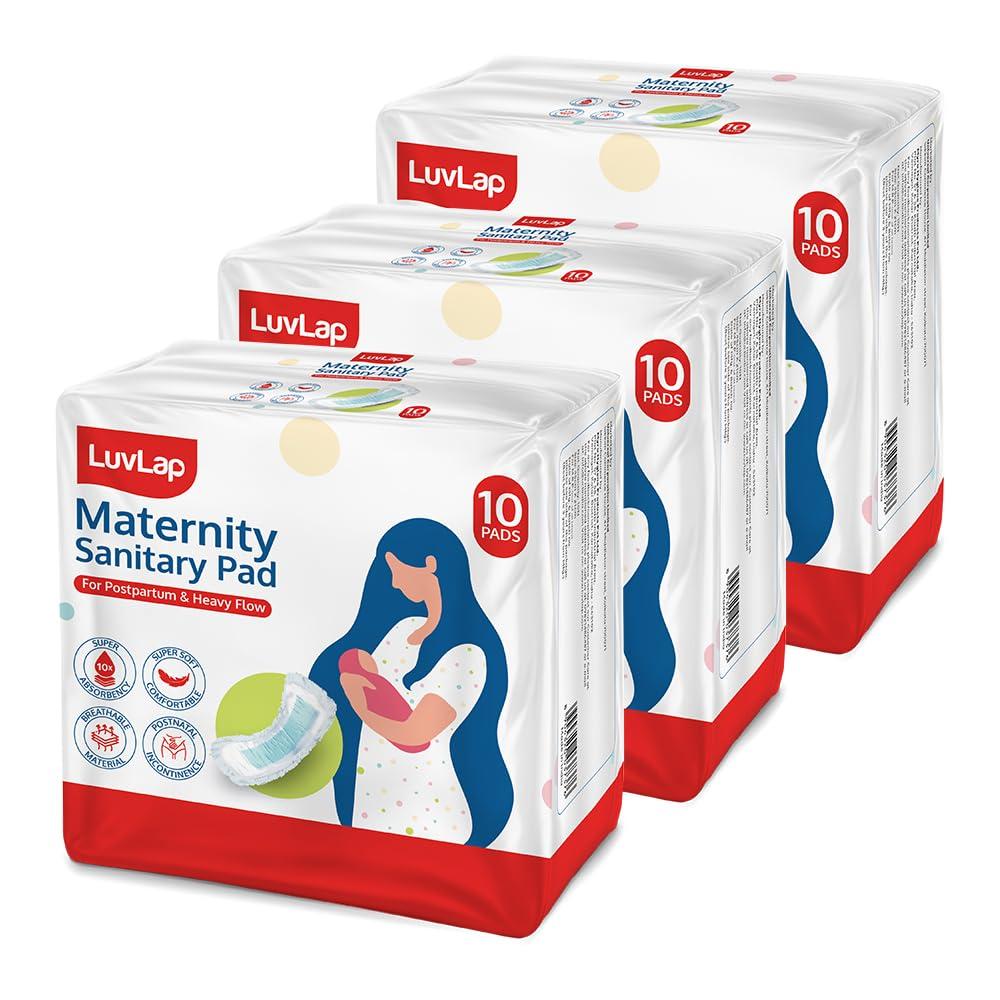 LuvLap LuvLap Extra Absorbent Maternity Pads, 10\'s x 3 Pack (30 Pads), 0-2 Weeks Post-Birth, After Delivery Pad for Heavy Flow, Sanitary Pads for Women, Ultra Soft Pads for Maternity Flow,Postpartum Bleeding