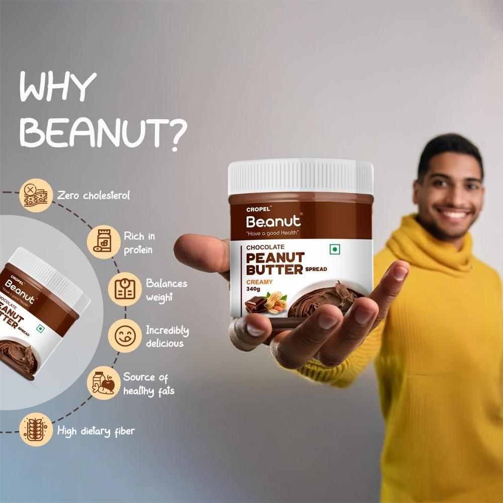 Beanut Beanut Chocolate Peanut Butter Creamy - 340gm | Classic Peanut Butter with Rich Fiber | Non-GMO, Gluten Free, Vegan & Cholesterol Free