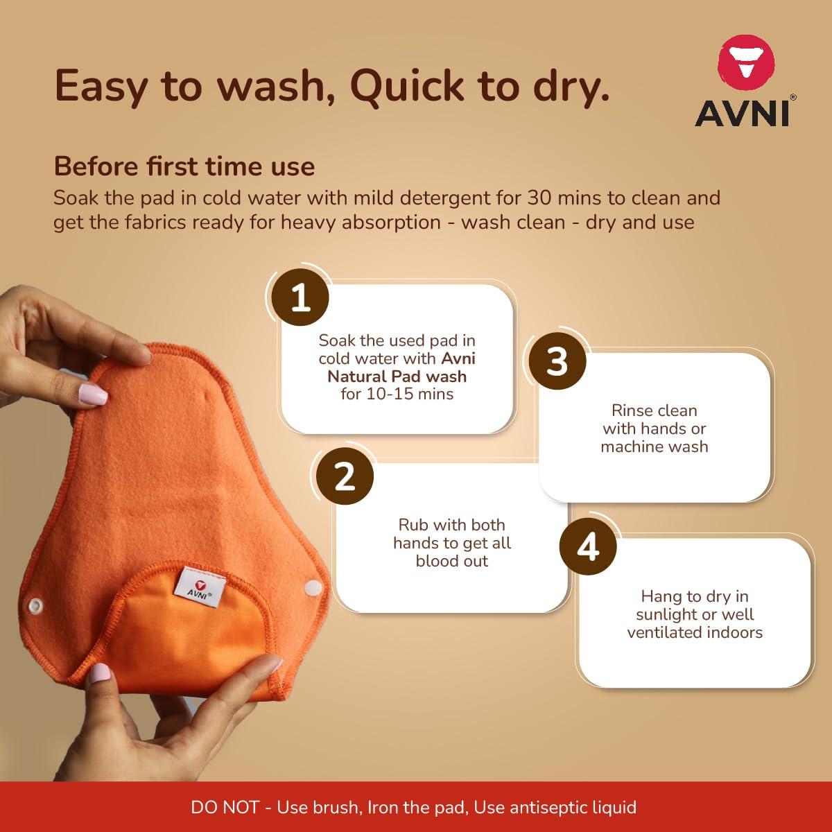 Avni Avni - Fluff Washable Cloth Pads, Pack of 4 + Natural Cloth Pad Wash - 100ml | XXXL (36cm) + 100ml Wash, (Combo Pack of 5)