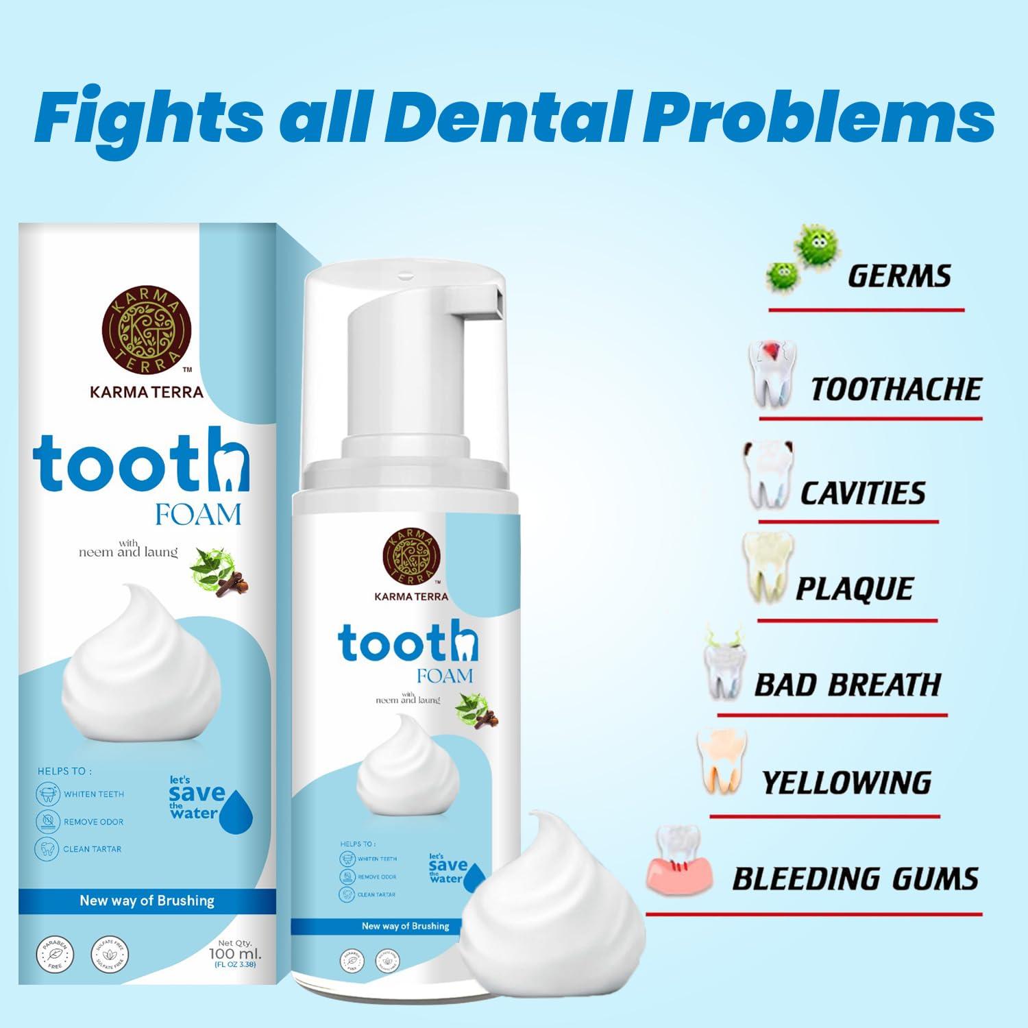 KARMA TERRA Karma Terra Tooth Foam with Neem and Laung, 100 ml, For Healthy Gums & Strong Teeth, Helps Whiten Teeth, Remove Odour, Clean Tartar