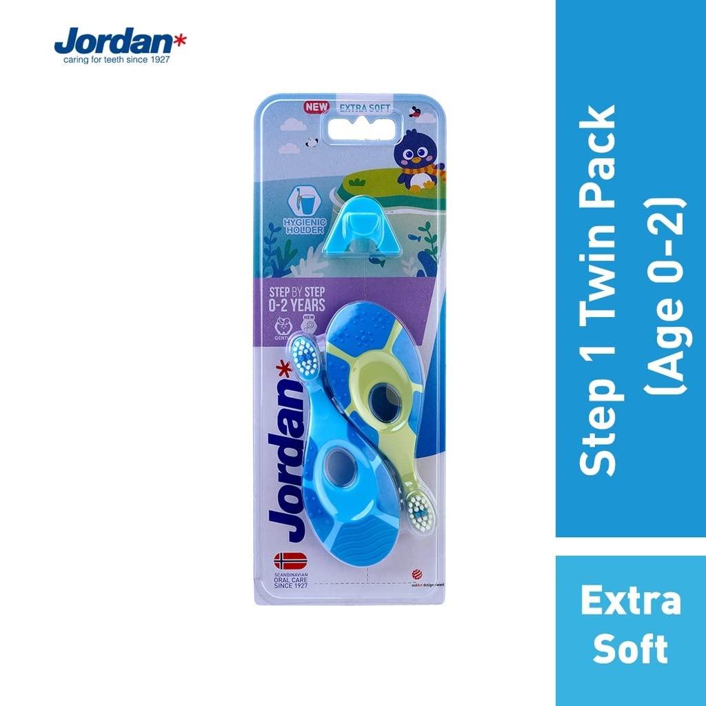Jordan Jordan Toothbrushes Step 1 - Baby Toothbrush 0-2 Years Toothbrush with Stand Holder (Blue + Green)