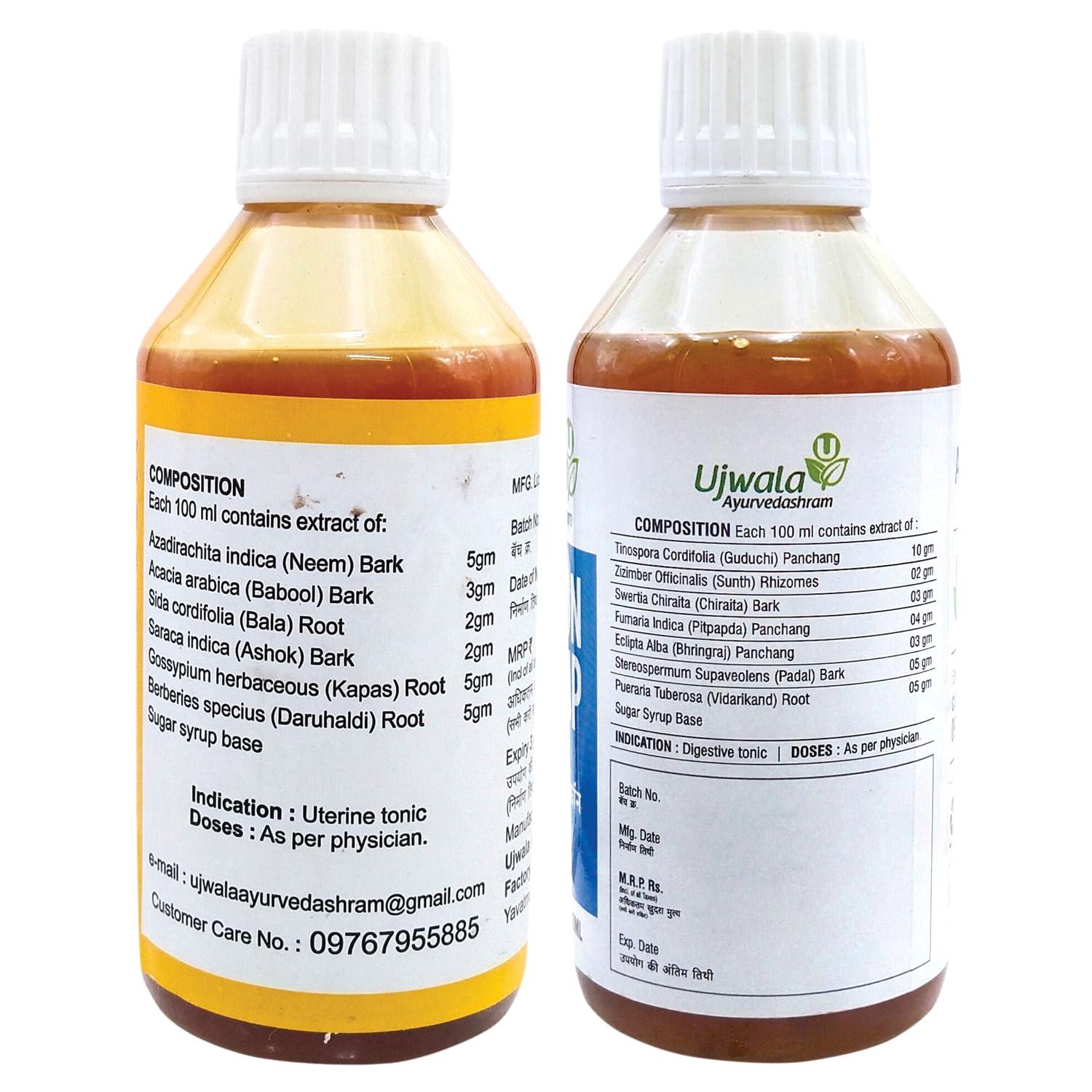Ujwala Ayurvedashram Whitocon and Assicon Syrup combi kit For Leucorrhoea, PCOS, PCOD and Irregular period