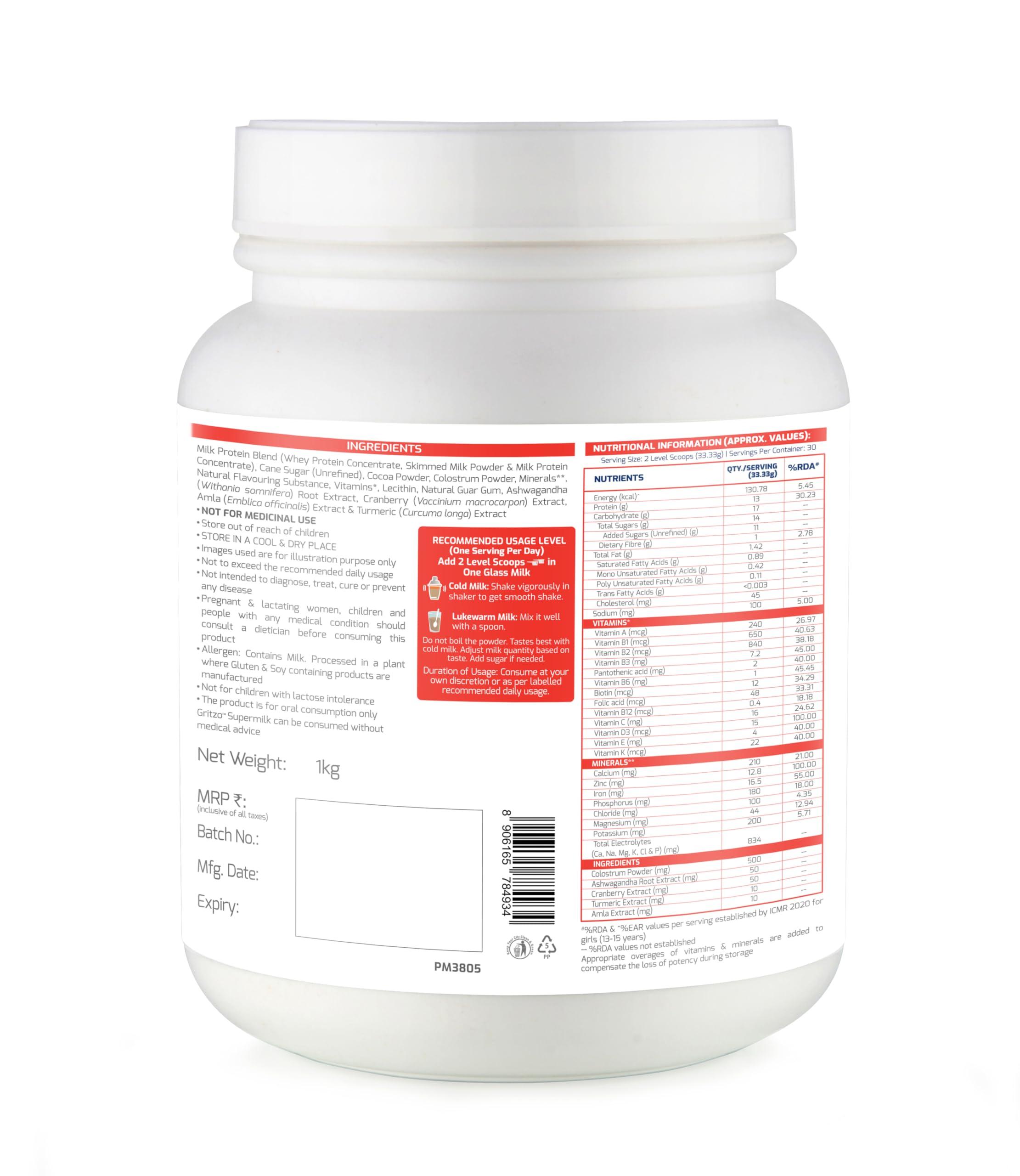 Gritzo Gritzo SuperMilk Height+ (13+y Girls), 13g Protein (Double Chocolate, 1kg) | Zero Refined Sugar, 21 Vitamins & Minerals