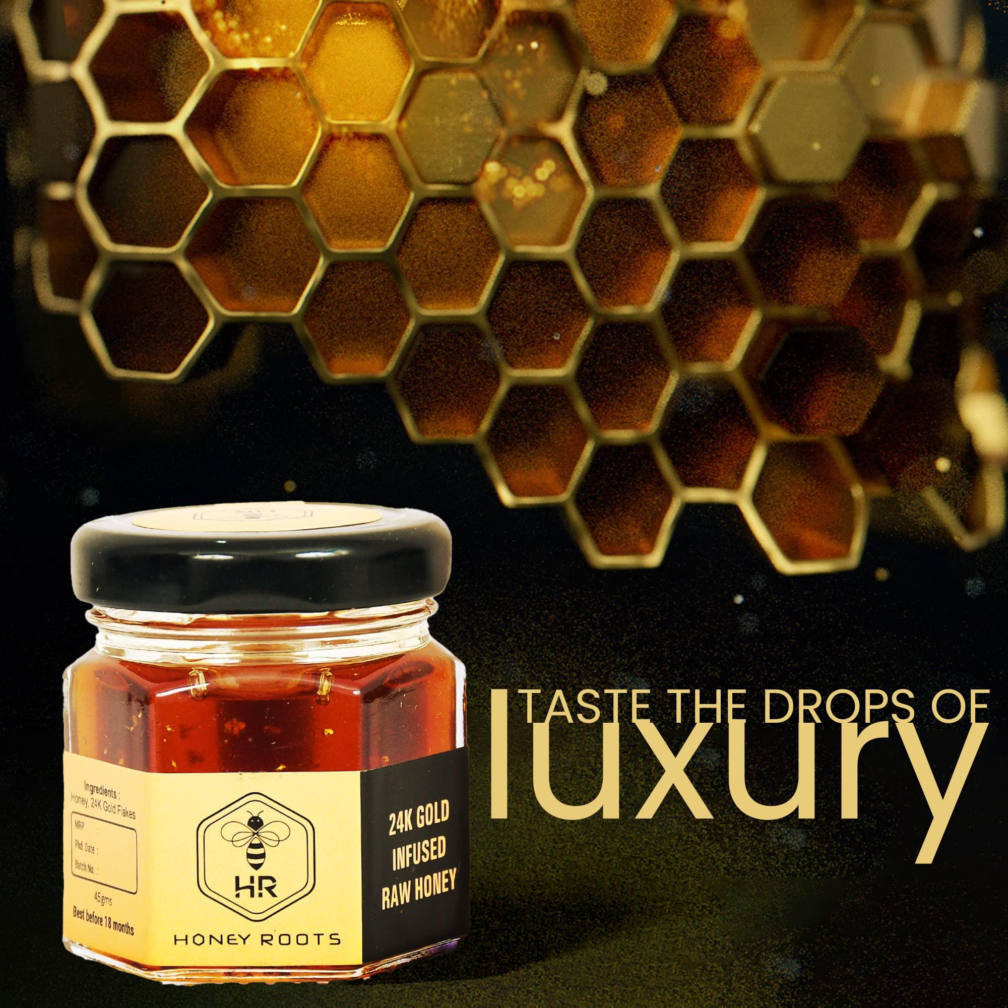 HRHONEYROOTS HR HONEY ROOTS Natural Raw Unprocessed Honey Infused with 24k Gold Flakes - 45gm of Pure Bliss and Exquisite Taste