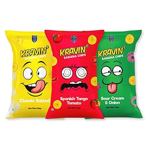 KRAVIN Kravin Party Pack Banana Chips | Ultra-thin & Crispy Banana Chips | Traditional Kerala Flavour | Flavours- Classic Salted, Sour Cream & Onion, Spanish Tango Tomato | Pack of 3 x 100 grams each