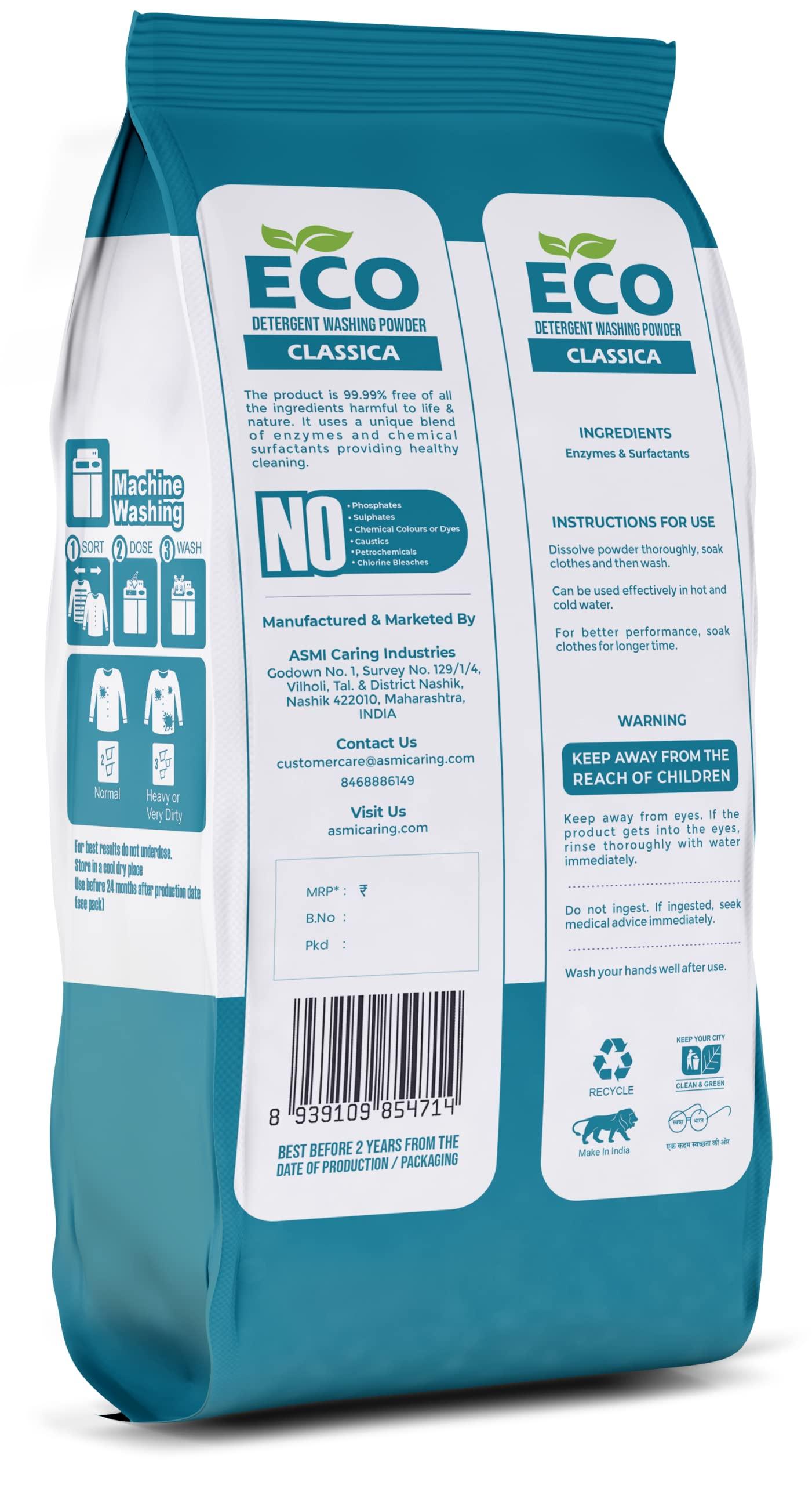 ECO ECO Detergent Washing Powder No Harmful Ingredients | made with Natural ingredients, Phosphate free No Sulphates, No Caustics | Laundry Detergent Powder for Front & Top Load (1 Kg, Classica)