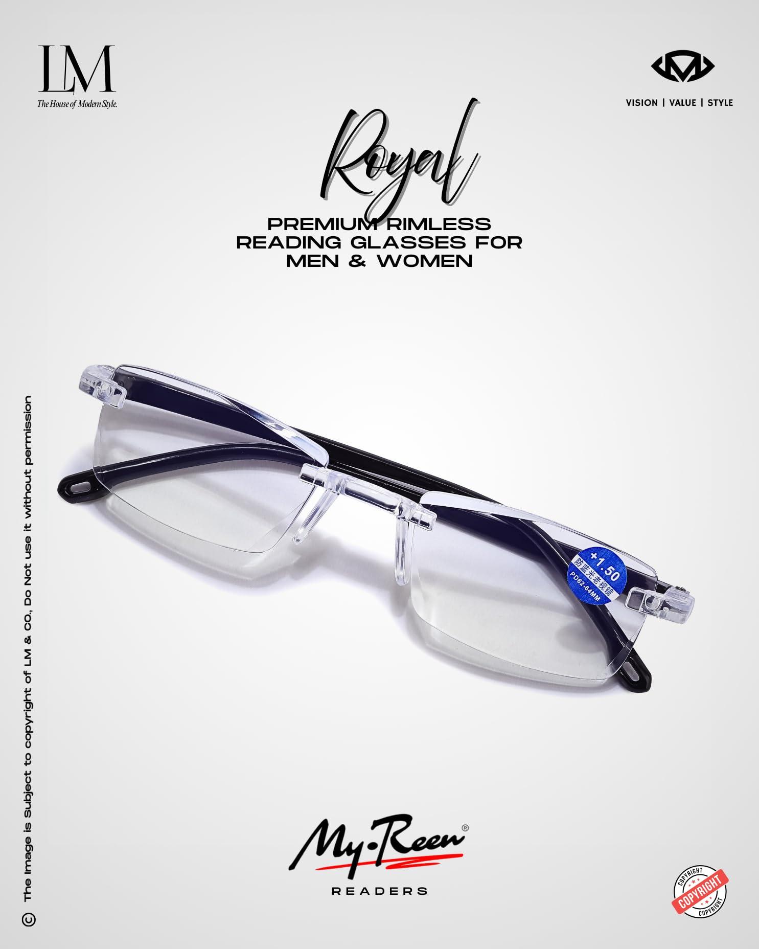 myreen myreen Blue Cut Rimless Reading Glasses for Men Women +1 +1.5 +2.0 +2.5 +3.0 Power Glass For Reading Books and Newspaper, Watching TV and Mobile (2, 3.00)