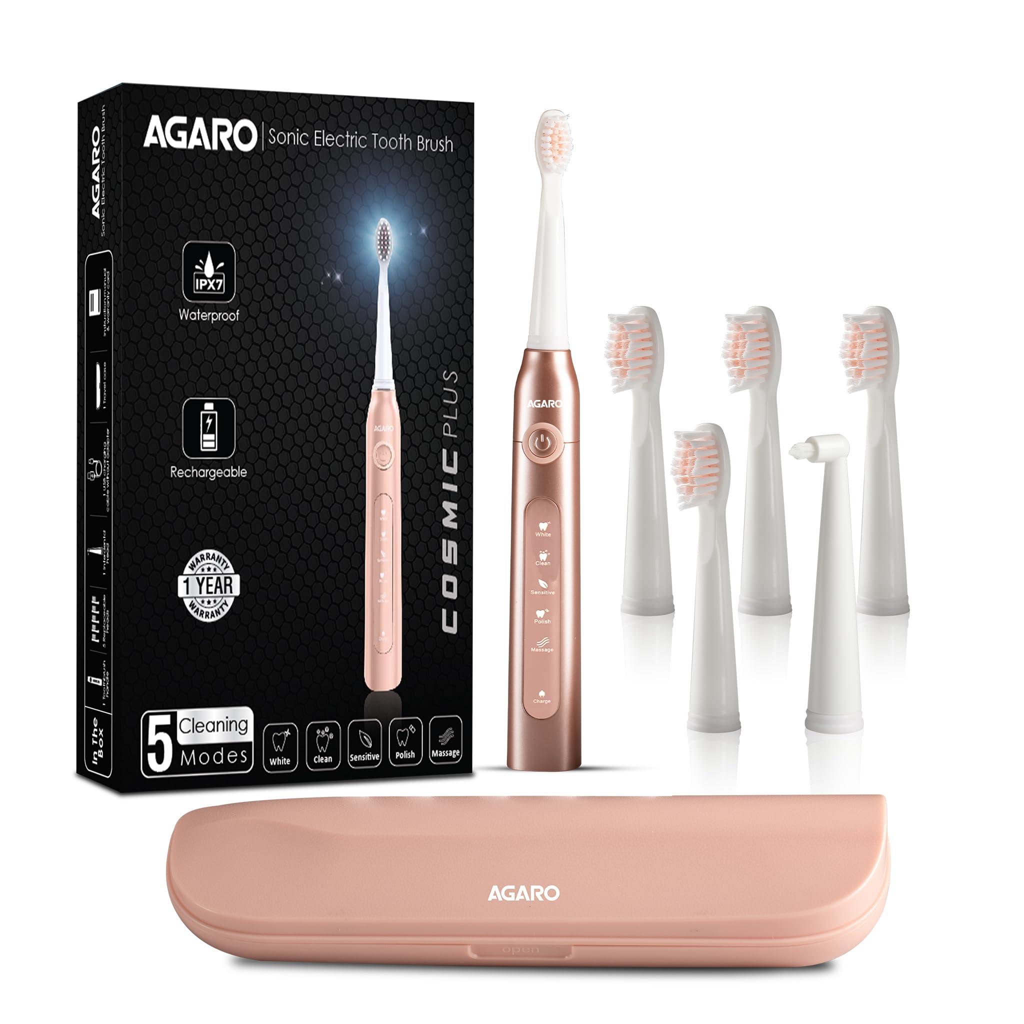 AGARO AGARO Cosmic Plus Sonic Electric Tooth Brush for Adults with 5 Modes, 5 Brush Heads, 1 Interdental Head, Carry Case & Rechargeable with 4 Hours Charge Lasting Up to 25 Days,Power Toothbrush(Rosegold)