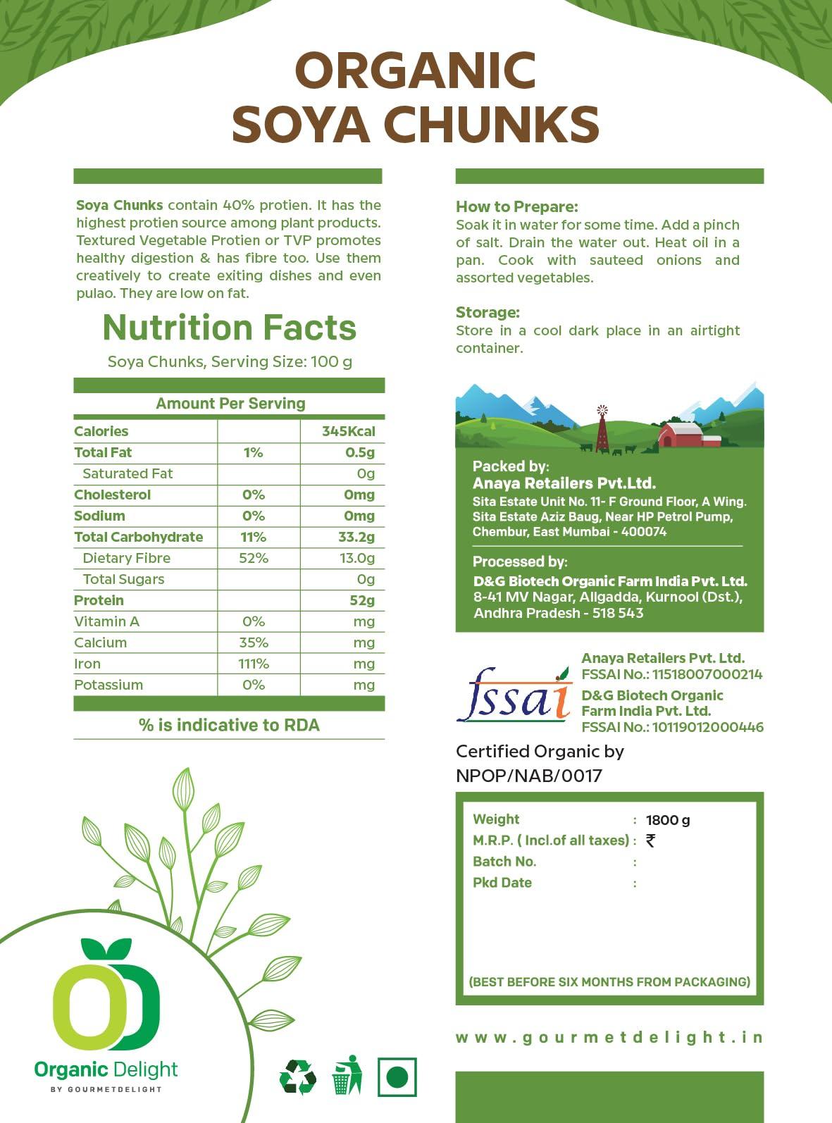 Organic Delight Organic Soya Chunks Big 1800gm By Organic Delight USDA Certified Healthy & Tasty Soya Bean Chunks With Natural High Protein Source Of Dietary High Fiber Fresh Soya Wadi 1800 gm