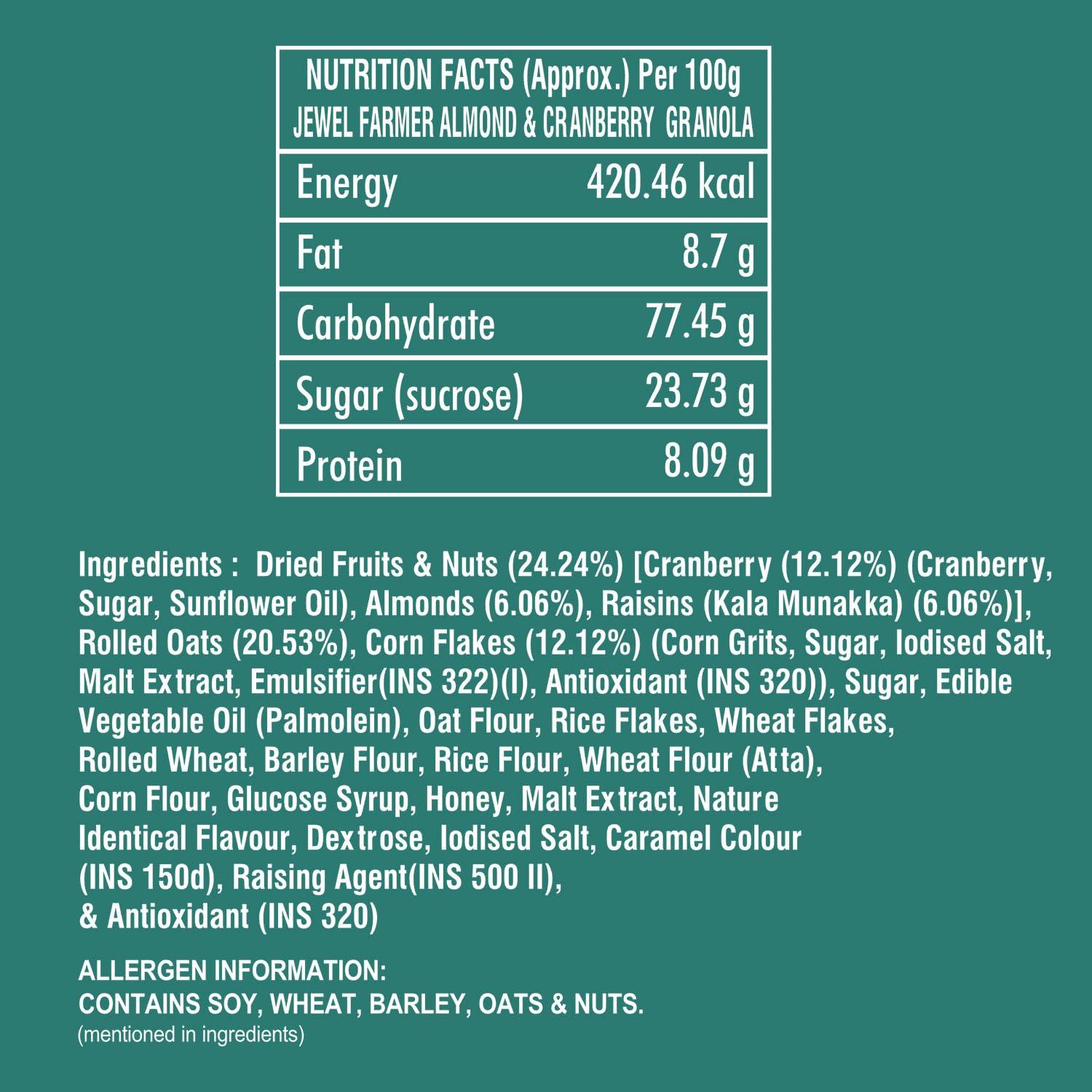 JEWEL FARMER Jewel Farmer Oat Bunches Almond & Cranberry Crunchy Granola 200gm With Multigrains | No Preservative | Vegan & Plant Based | High in Fibre & Protein | Breakfast Cereal Can Be Consumed As Muesli