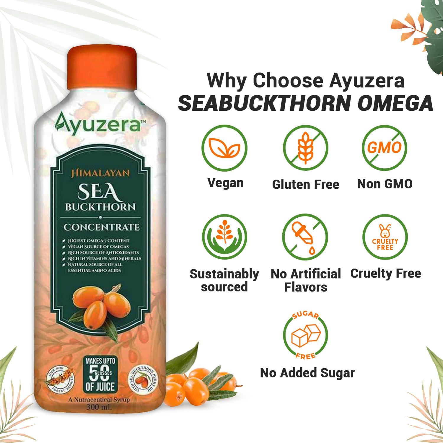 Ayuzera Ayuzera Himalayan Sea Buckthorn Pulp 300ml | Plant Based Vegan Omega 3, 6, 7 and 9 | Vegetarian Liquid Supplements | No Fish Oil | Veg, Natural & Organic | Makes up to 50 Glass Juice | Rich in Omega 7, Antioxidants, Vitamins | (900ml Pack Of 3)