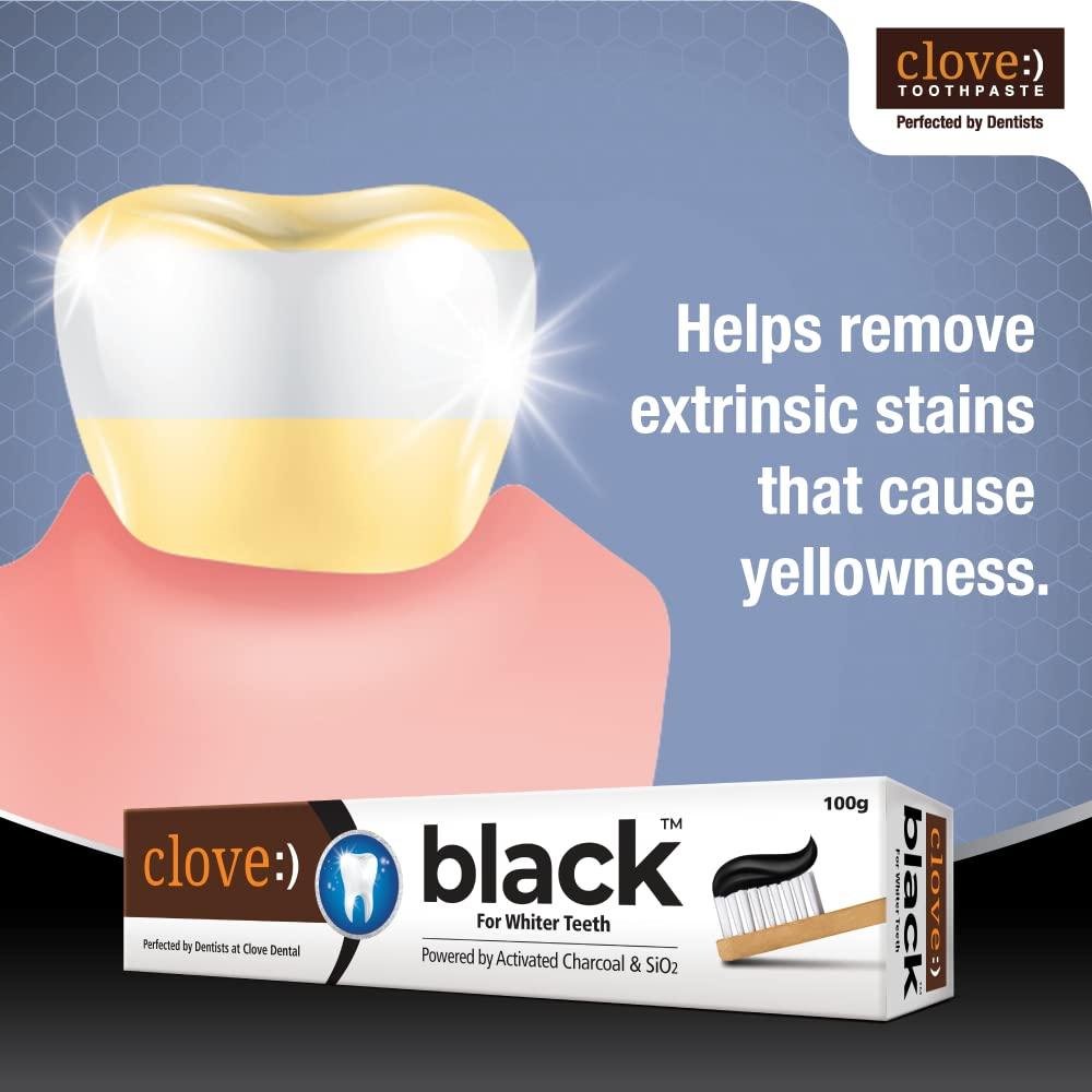 Clove Clove Black Toothpaste for Whiter Teeth powered by Activated Charcoal & SiO2. Formulated by dental experts- 200gms (100gm*2) Combo Pack